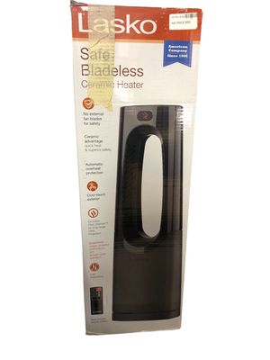 Lasko Bladeless 1500W 28 in. Black Electric Oscillating Tower Ceramic Space Heater with Remote Control and Digital Display CW100 .