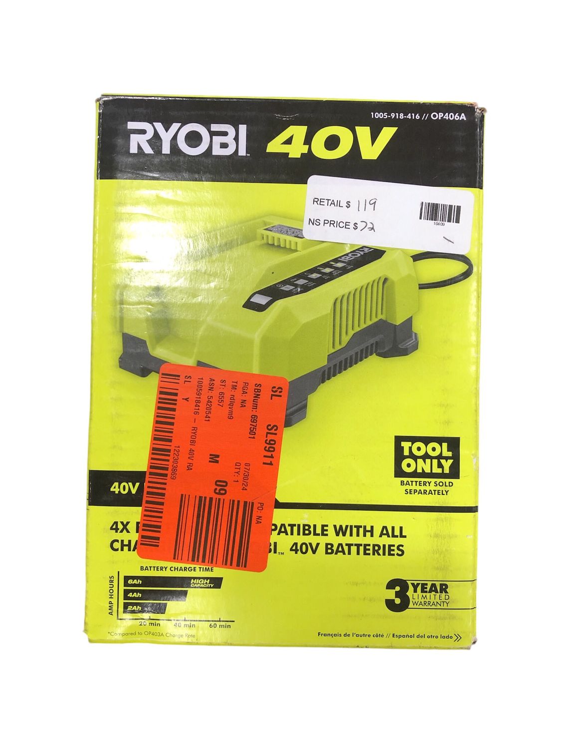 RYOBI 40V Lithium-Ion Rapid Charger OP406A .