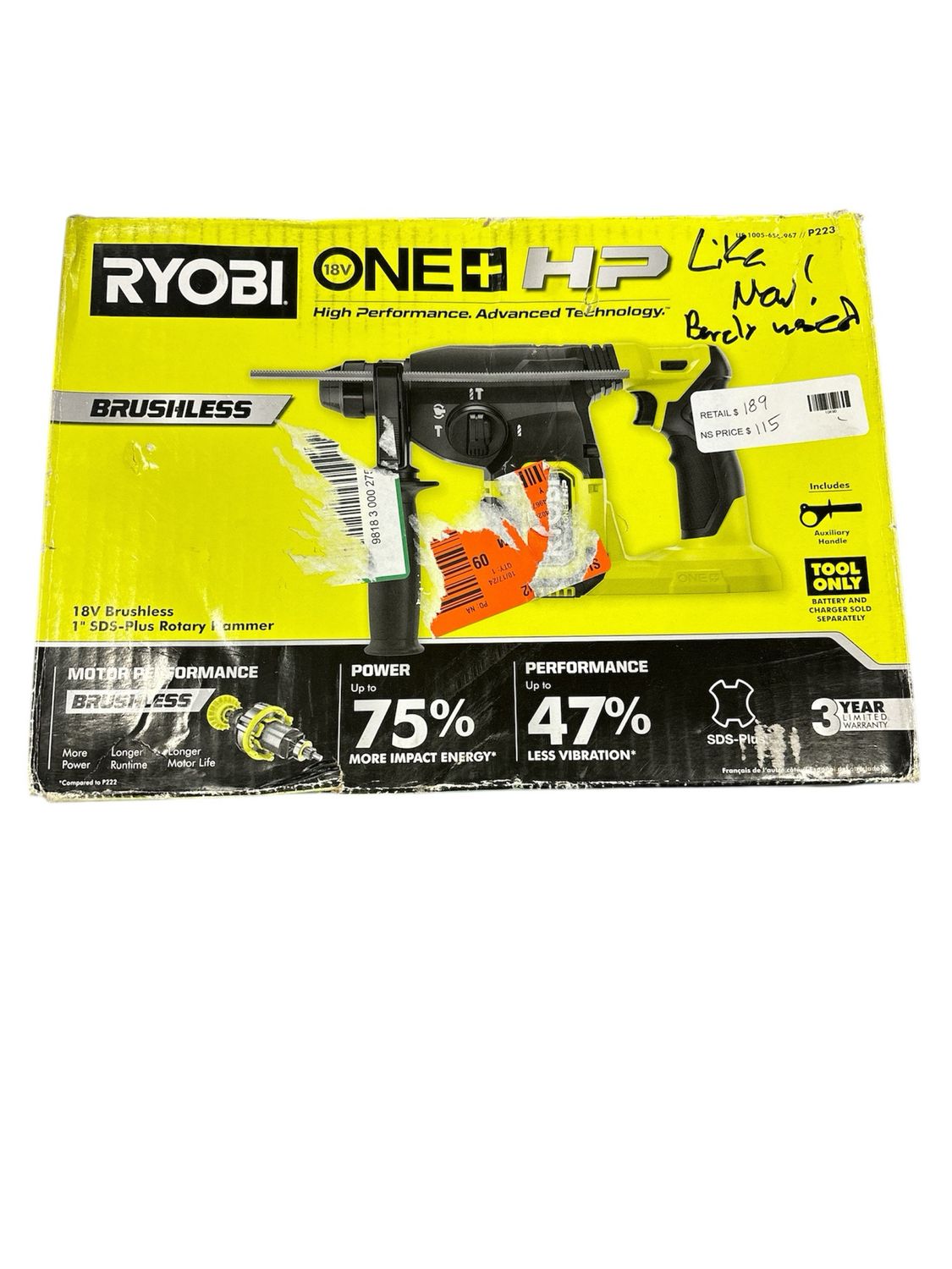 RYOBI ONE+ HP 18V Brushless Cordless 1 in. SDS-Plus Rotary Hammer Drill (Tool Only) P223