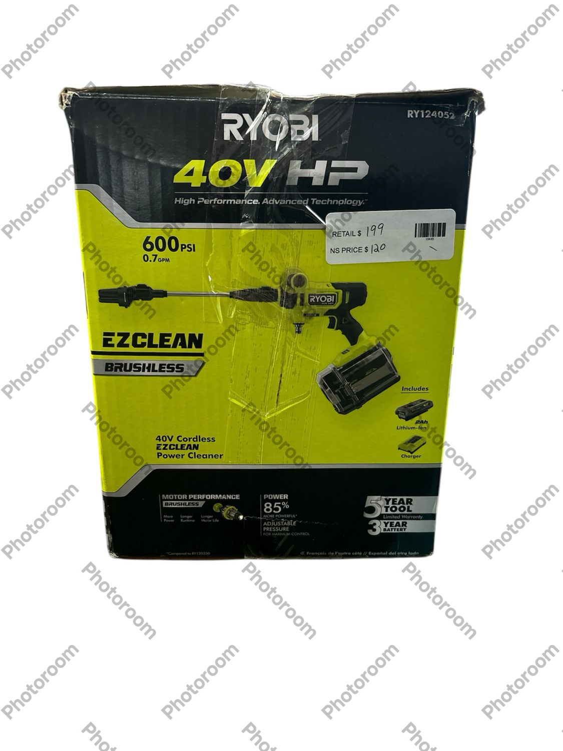 RYOBI 40V HP Brushless EZClean 600 PSI 0.7 GPM Cordless Battery Cold Water Power Cleaner with 2.0 Ah Battery and Charger RY124052 .