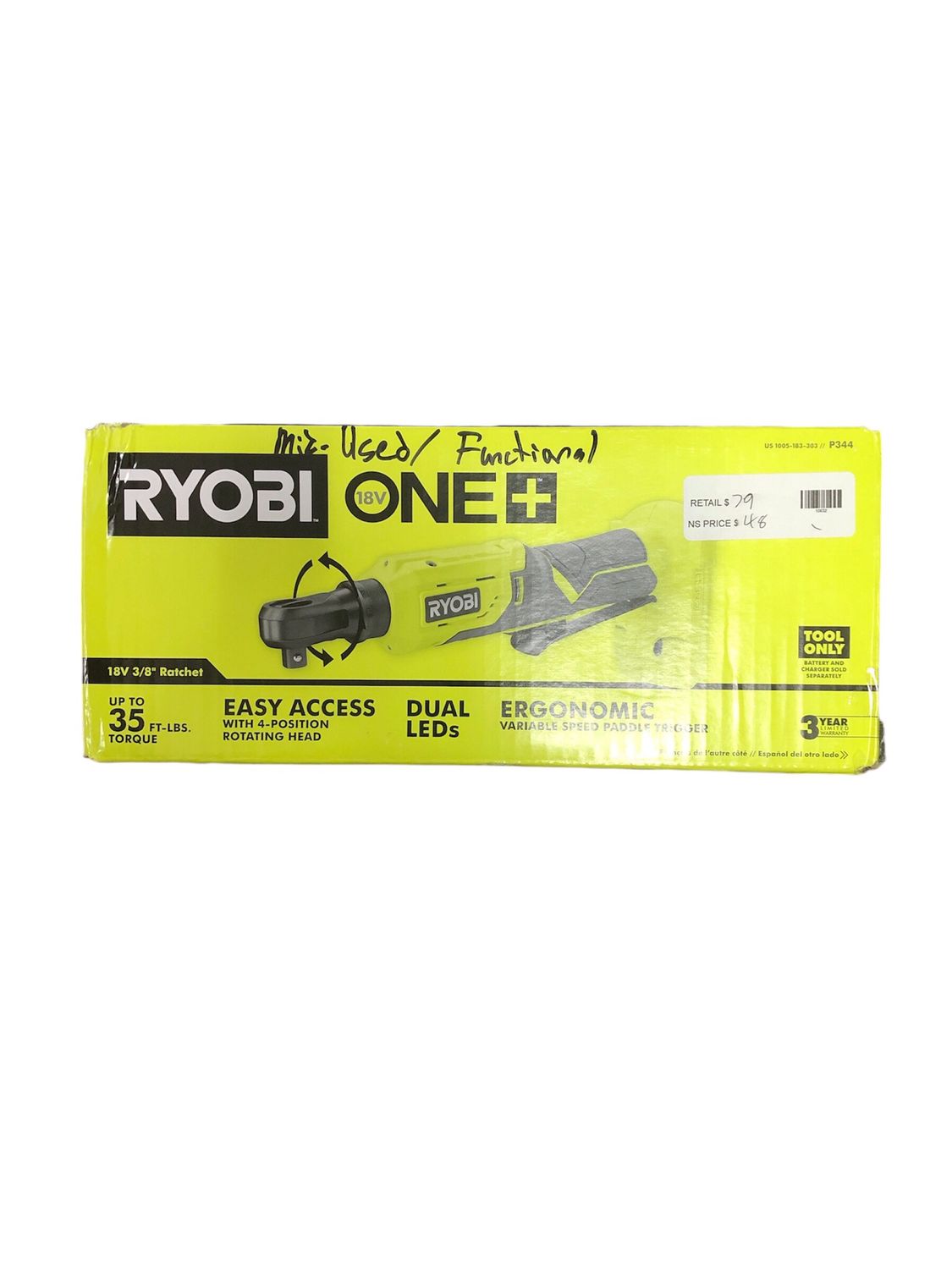 Ryobi ONE+ 18V Cordless 3/8 in. 4-Position Ratchet (Tool Only) P344