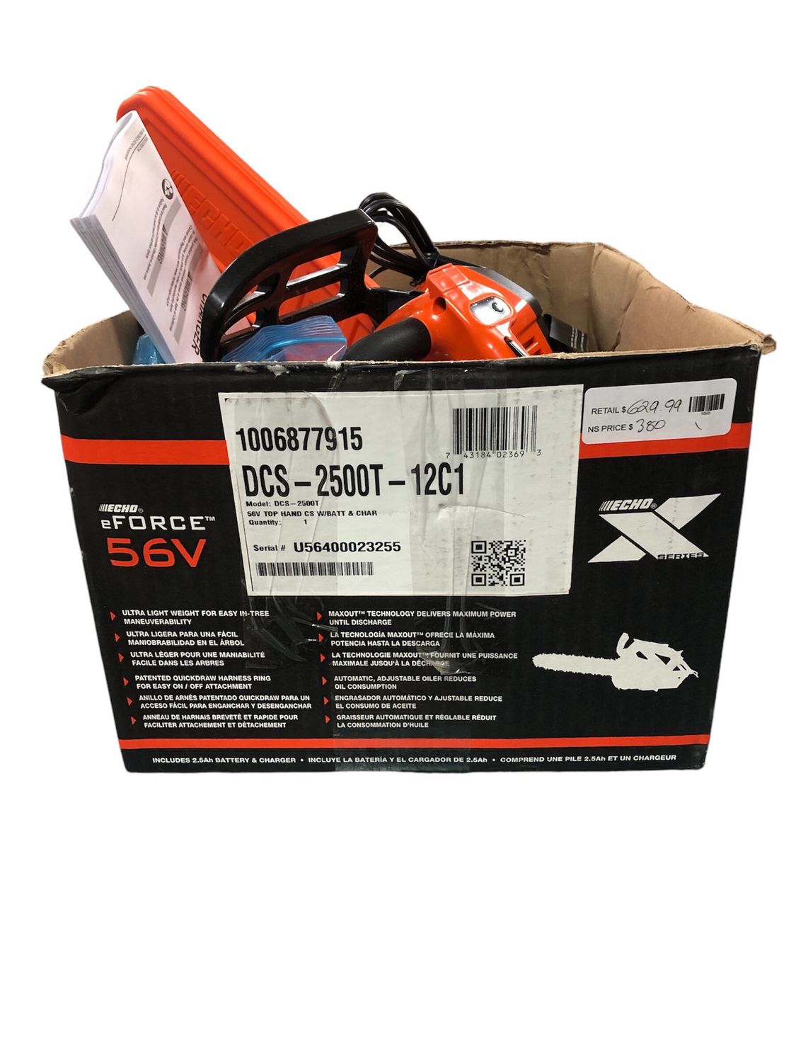 Echo eFORCE 12 in. 56V X Series Cordless Battery Top Handle Chainsaw with 2.5Ah Battery and Charger DCS-2500T-12C1
