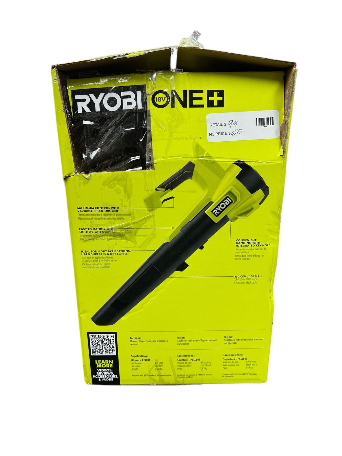 Ryobi ONE+ 18V 100 MPH 350 CFM Cordless Battery Variable-Speed Jet Fan Leaf Blower (Tool Only) PCLLB01B .