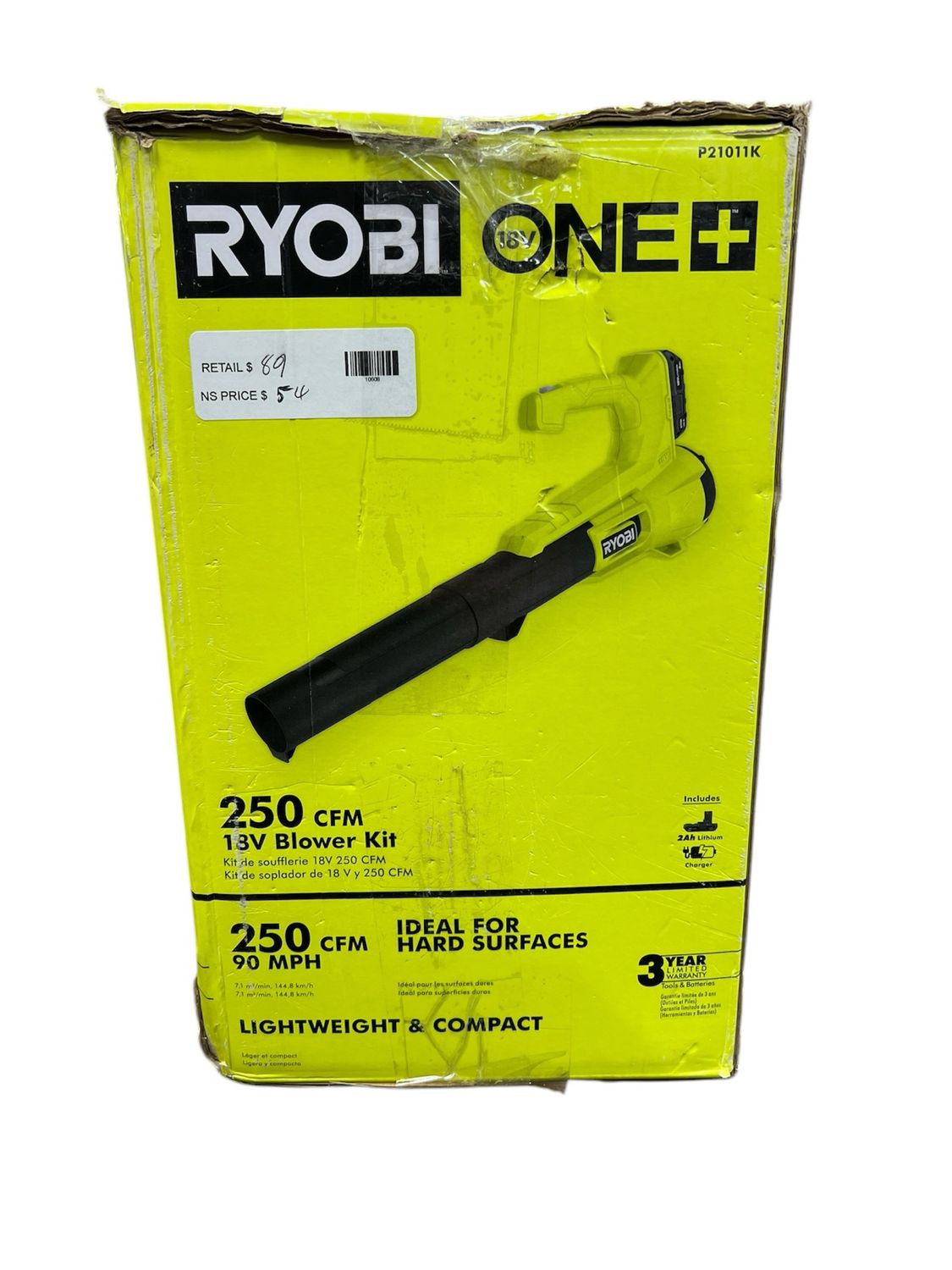 Ryobi ONE+ 18V 90 MPH 250 CFM Cordless Battery Leaf Blower/Sweeper with 2.0 Ah Battery and Charger P21011K