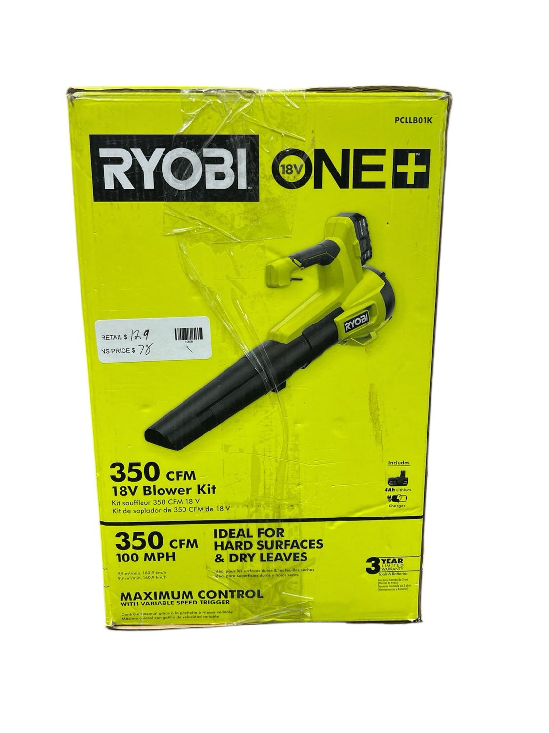 Ryobi ONE+ 18V 100 MPH 350 CFM Cordless Battery Variable Speed Jet Fan Leaf Blower with 4.0 Ah Battery and Charger PCLLB01K