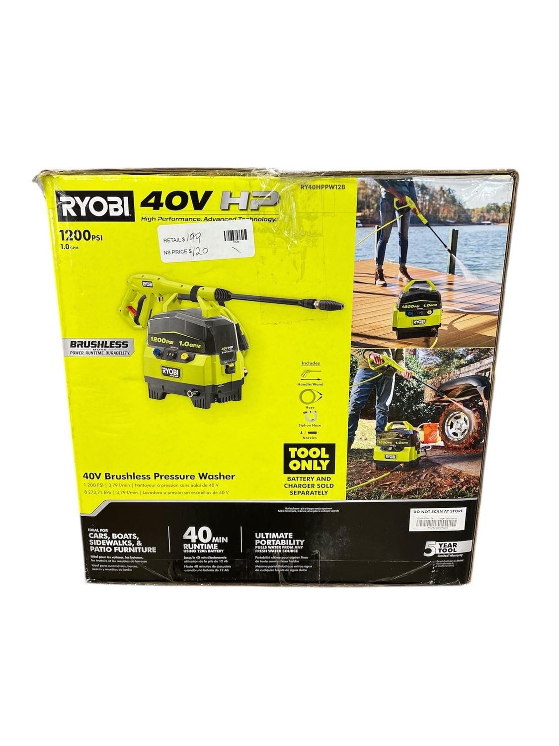 Ryobi 40V 1200 PSI 1.0 GPM Cordless Electric Cold Water Pressure Washer (Tool Only) RY40HPPW12B