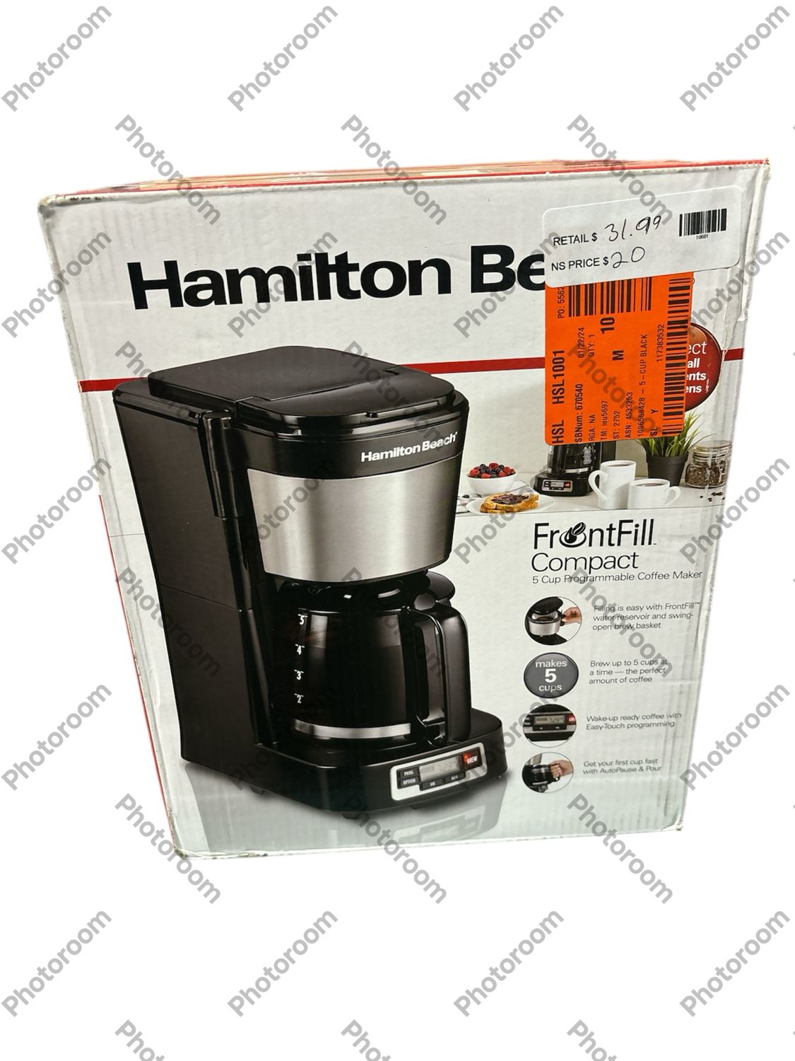 Hamilton Beach 5-Cup Black Compact Coffee Maker with Programmable Clock &amp; Glass Carafe 46111
