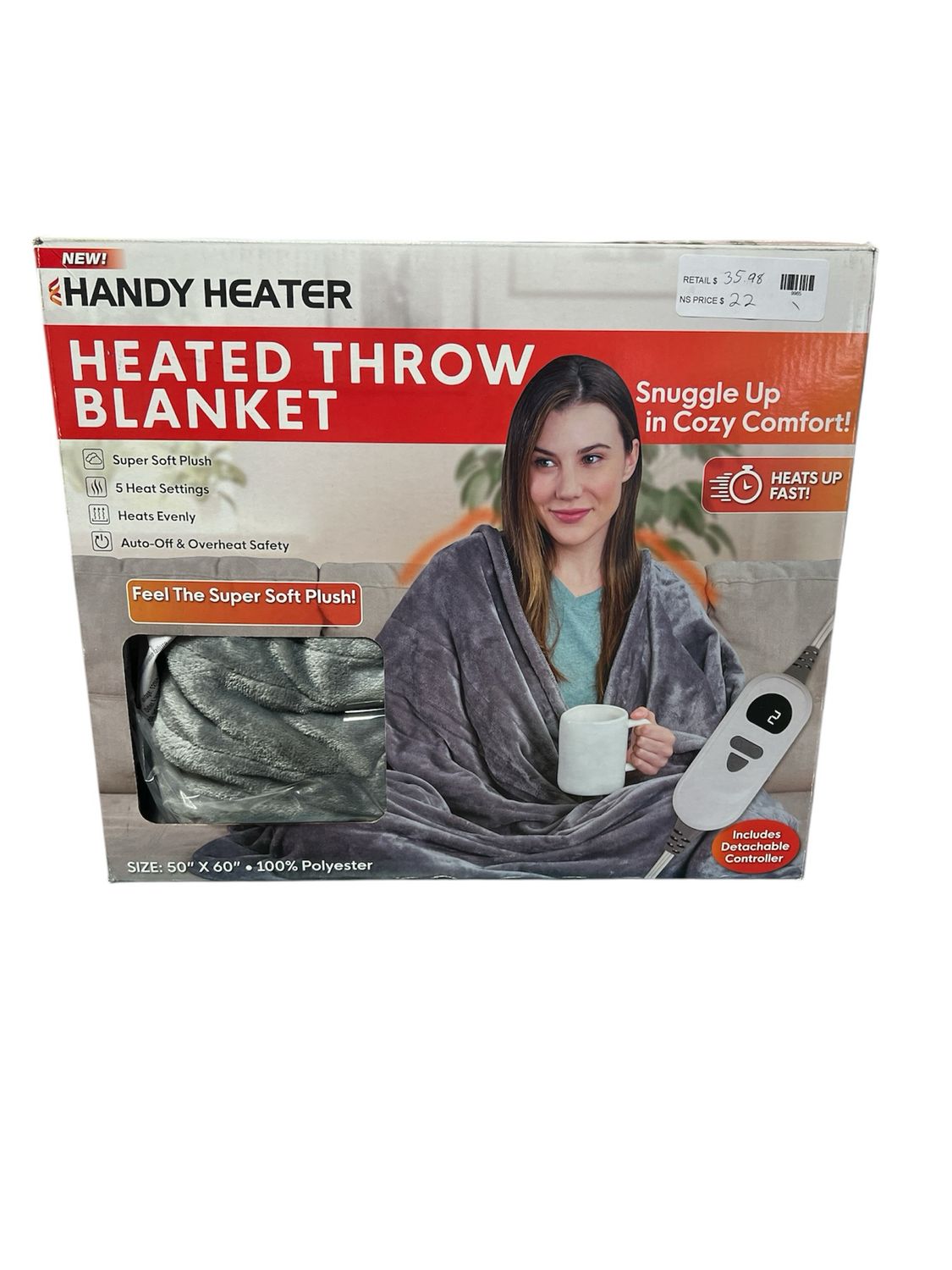 Handy Heater 50 in. x 60 in. Grey Heated Throw Blanket HEATTHR-PD12