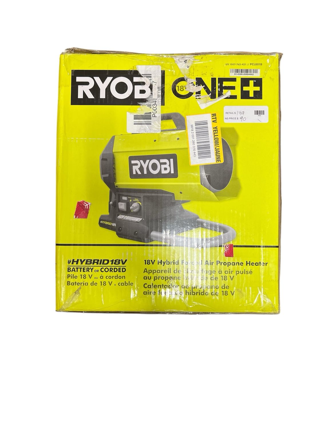 Ryobi ONE+ 18V Cordless Hybrid Forced Air Propane Heater (Tool Only) PCL801B
