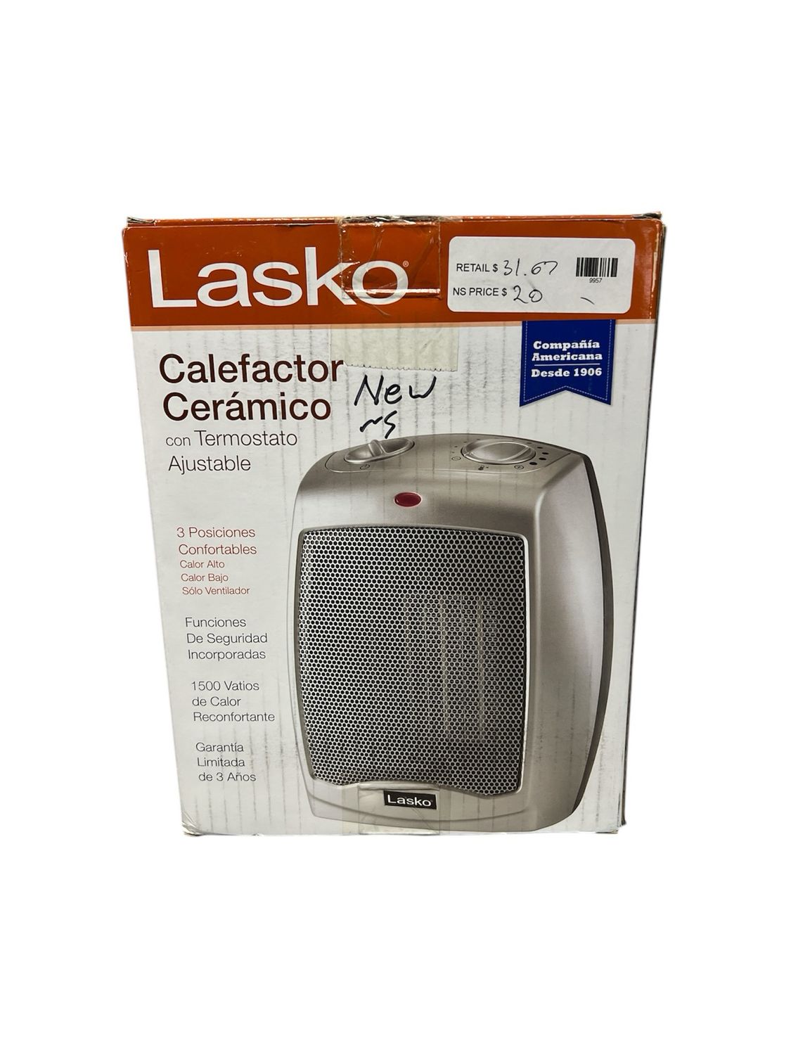 Lasko 1500W 9.2 in. Gray Electric Tabletop Ceramic Space Heater with Adjustable Thermostat and Overheat Protection 754200
