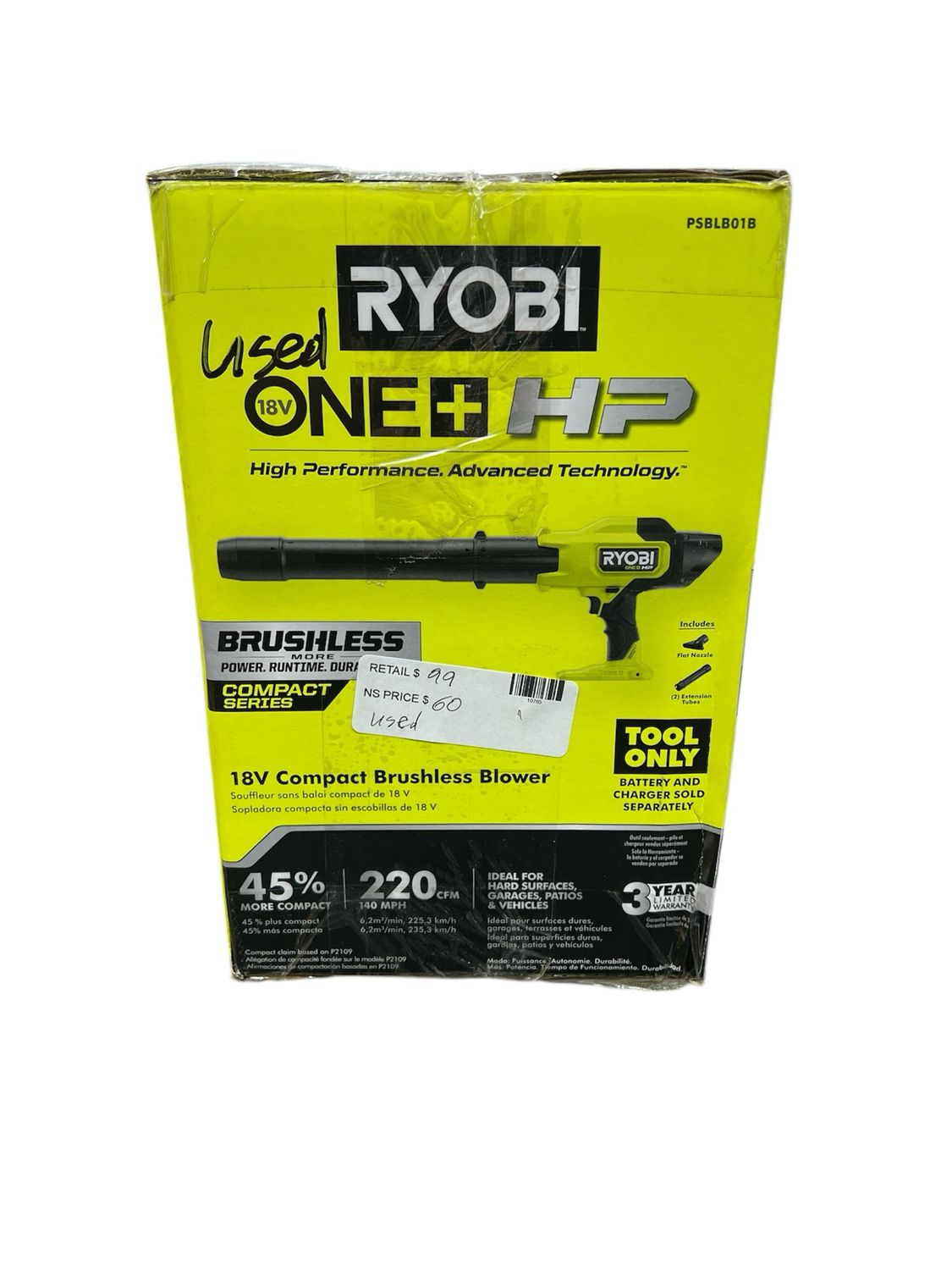 Ryobi ONE+ HP 18V Brushless Cordless 220 CFM 140 MPH Compact Blower (Tool-Only) PSBLB01B