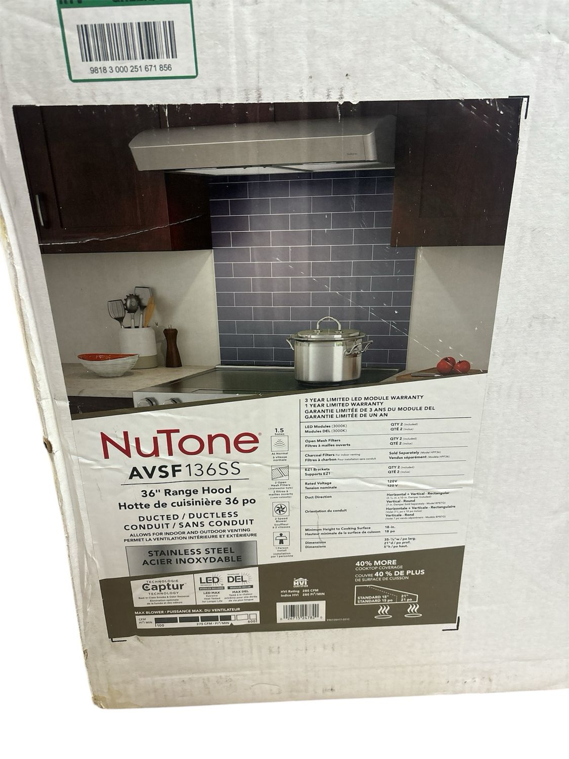 NuTone 36&quot; Stainless Steel Range Hood AVSF136SS