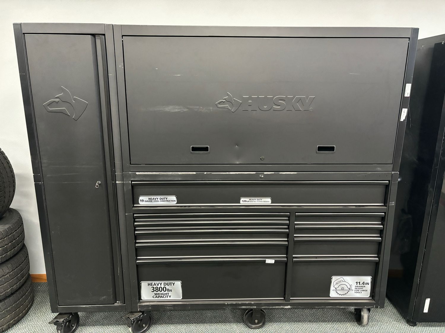 Husky 62 in. W x 24 in. D Heavy Duty 10-Drawer Mobile Workbench Combo Hutch and Side Locker Toolbox in Matte Black