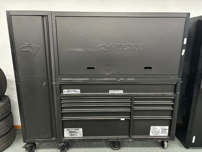 Husky 62 in. W x 24 in. D Heavy Duty 10-Drawer Mobile Workbench Combo Hutch and Side Locker Toolbox in Matte Black