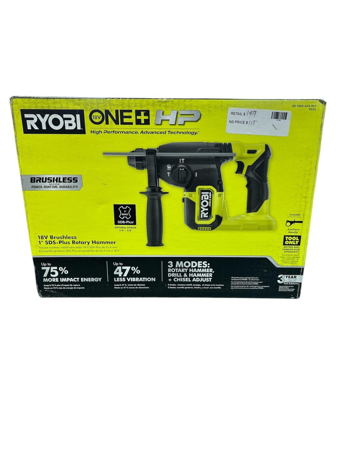 RYOBI ONE+ HP 18V Brushless Cordless 1 in. SDS-Plus Rotary Hammer Drill (Tool Only) P223 New
