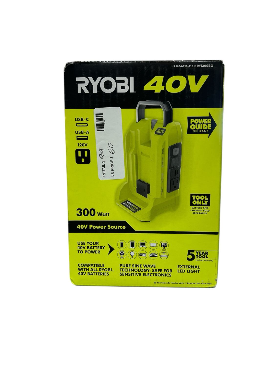 RYOBI 40-Volt 300-Watt Electric Start Inverter Generator Power Source (Tool Only) RYi300BGVNM