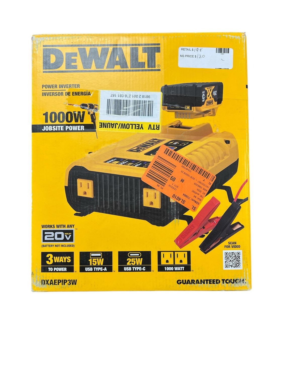 Dewalt 3-Way 1000-Watt Power Inverter Compatible with 20-Volt XR 5 AH Lithium-Ion Battery (Not Included) DXAEPIP3W New