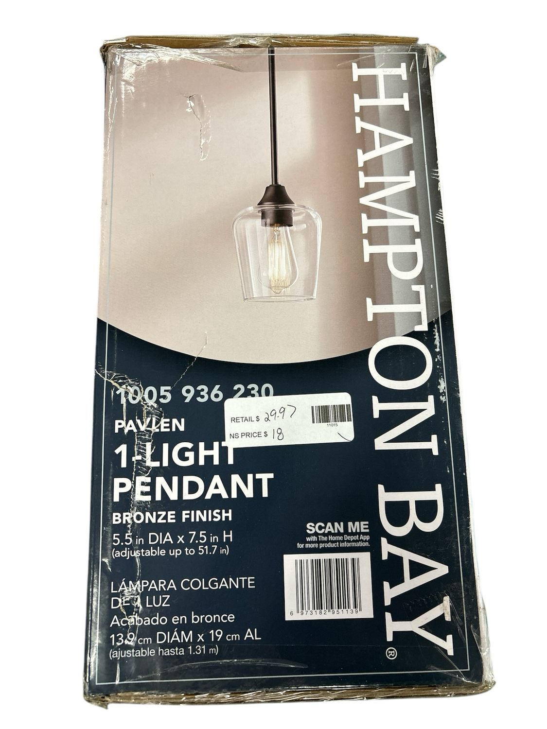 Hampton Bay Pavlen 5.5 inch 1-Light Bronze Mini Pendant with Clear Glass Shade 22612-000