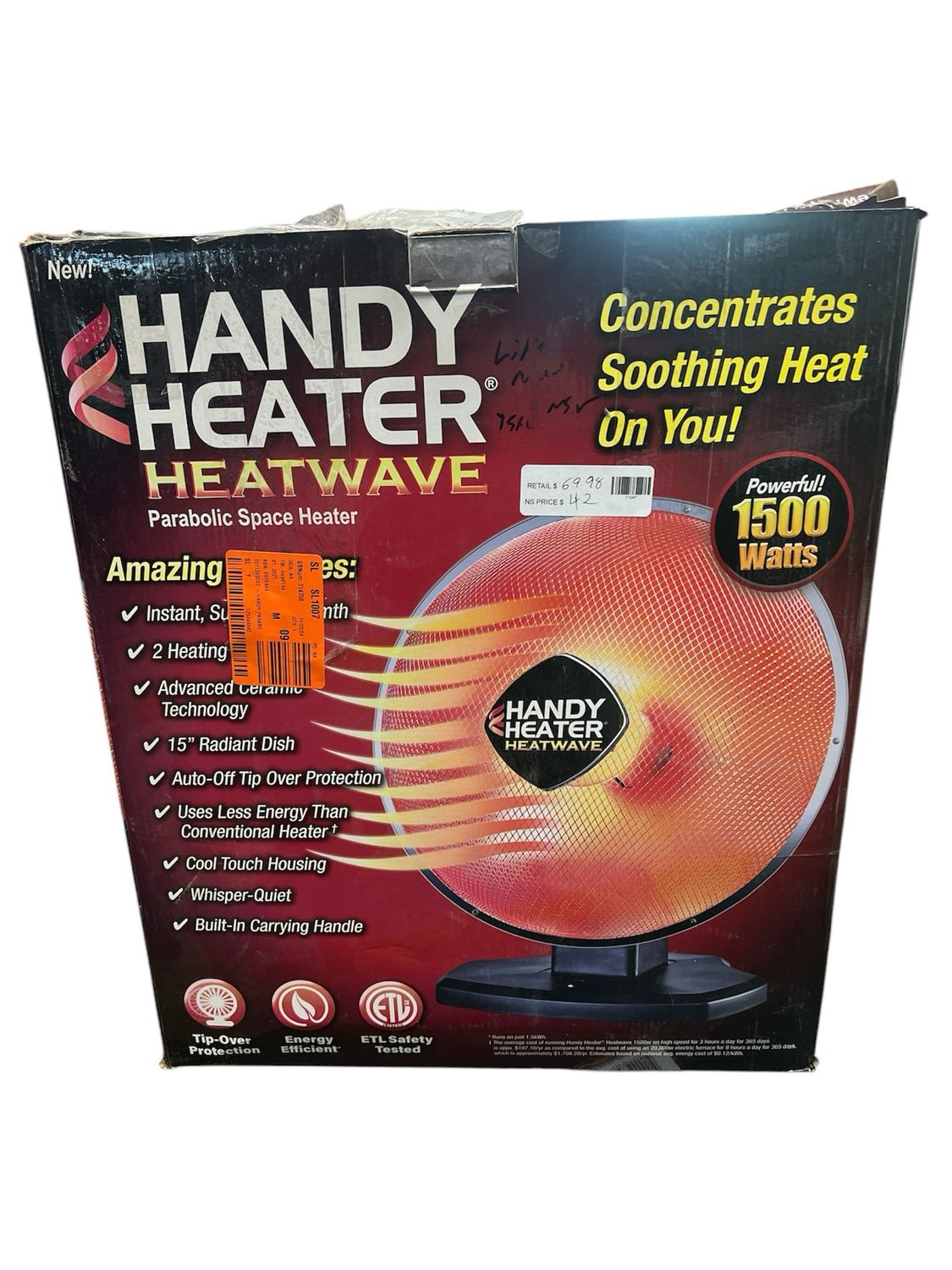 Handy Heater 1500-Watt 18.5 in. Electric Ceramic Parabolic Space Heater with Tip-Over Safety HEATPN-MC1 New