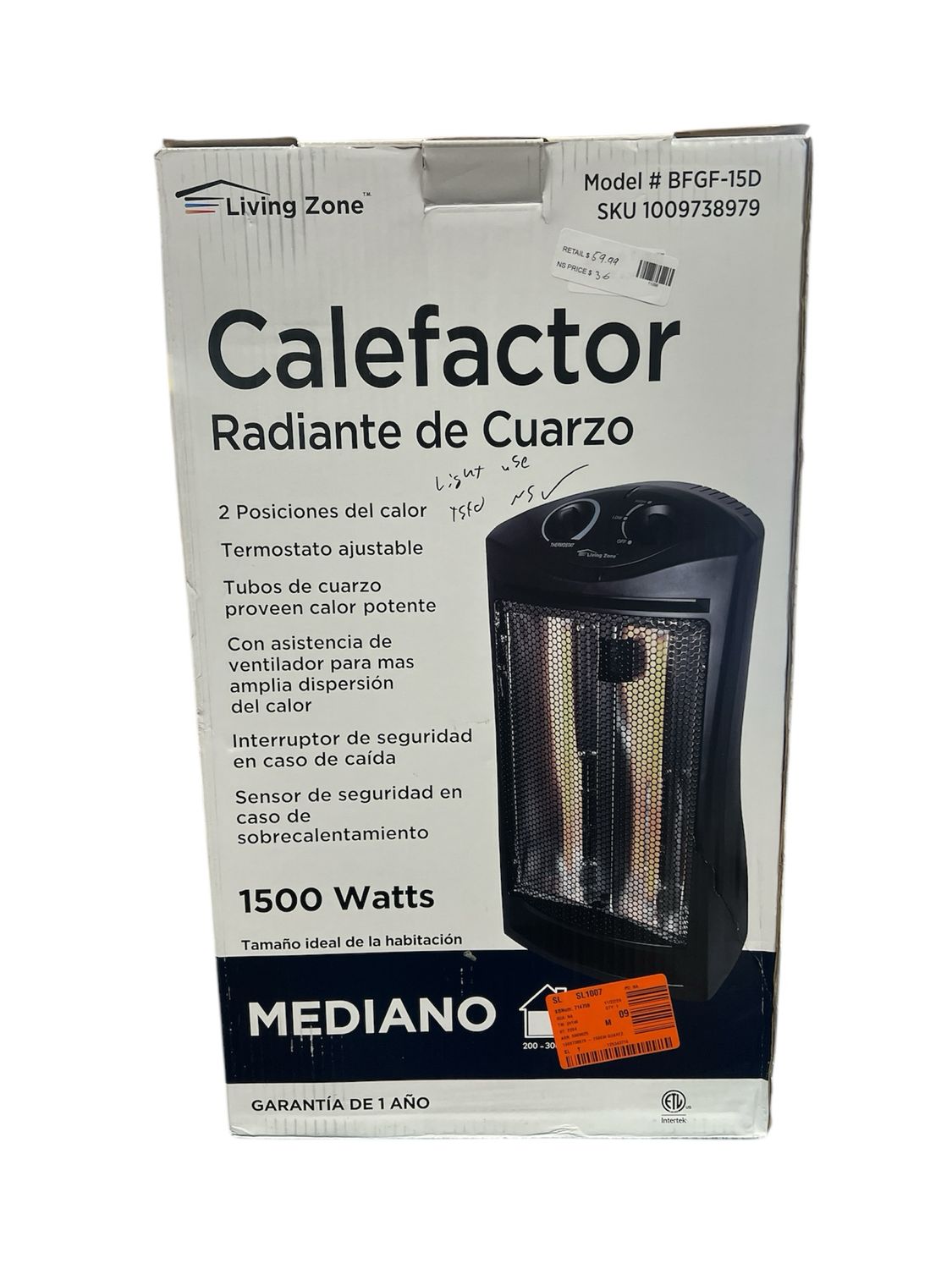 living zone 1500-Watt Black Electric Tower Quartz Infrared Space Heater with Thermostat BFGF-15D Light Use