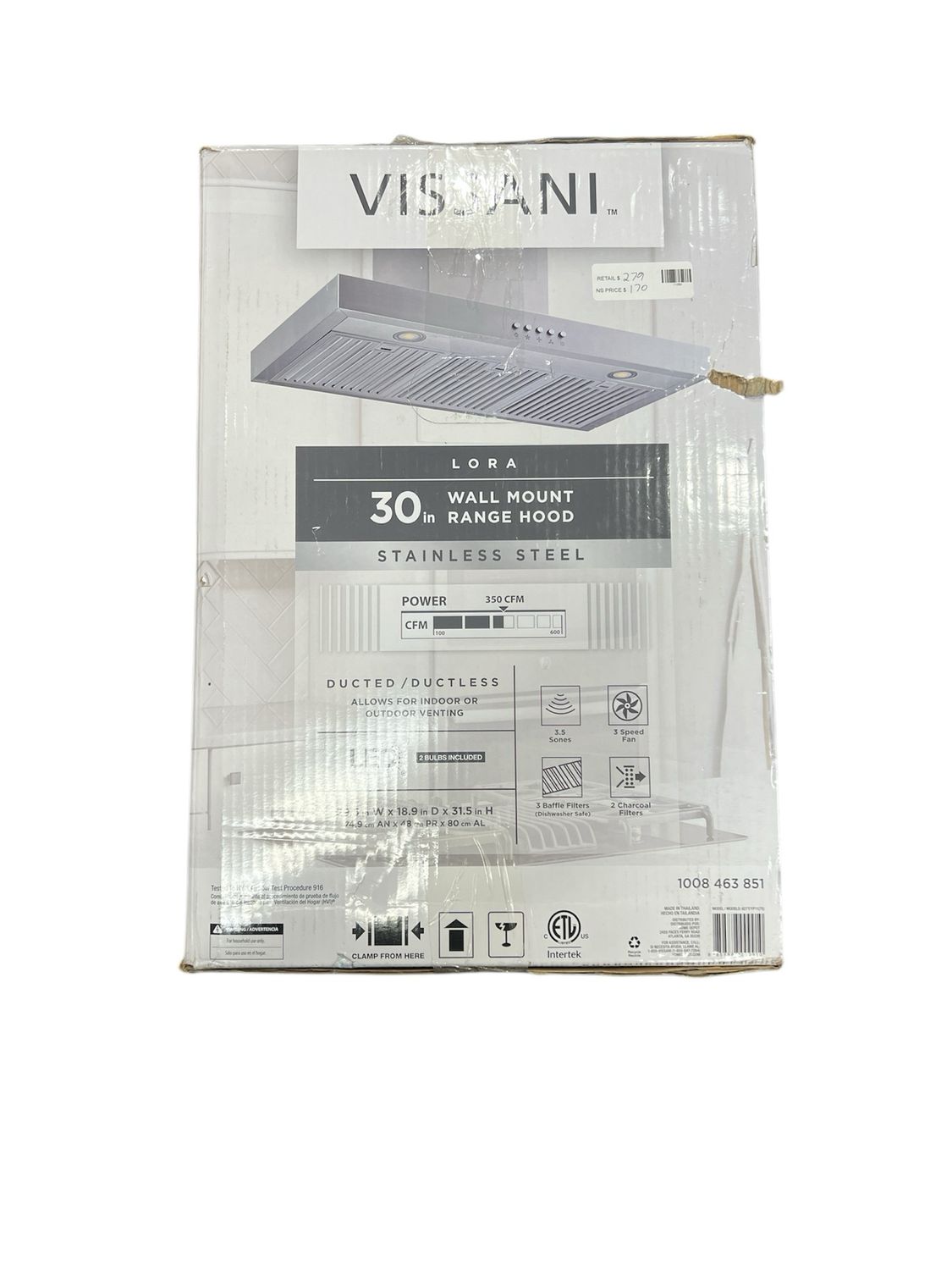 Vissani Lora 30 in. 350 CFM Convertible T-Shape Wall Mount Range Hood in Stainless Steel with Charcoal Filters and LED Lighting New
