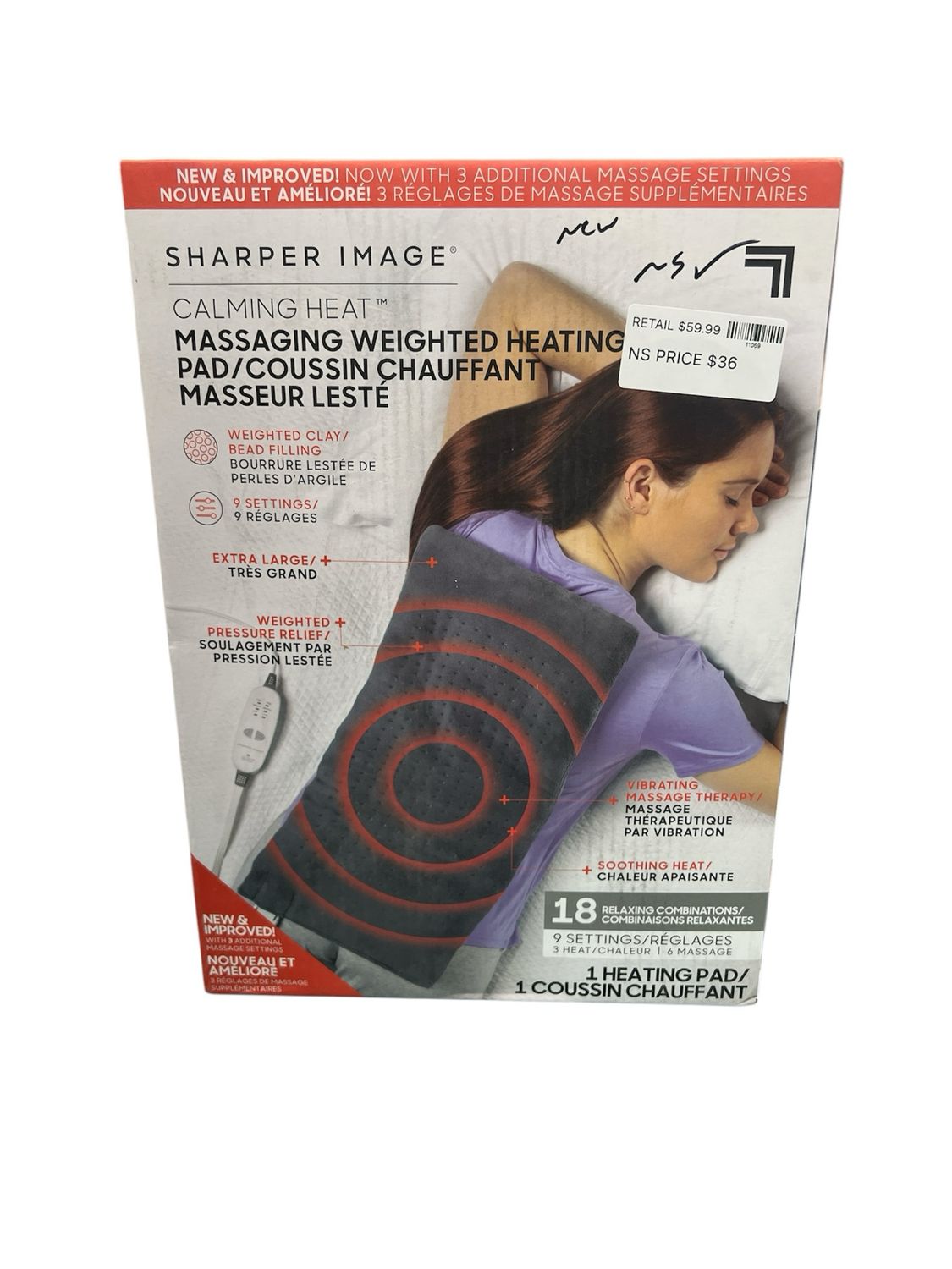 Sharper Image Calming Heat Massaging Weighted Heating Pad by Sharper Image- Weighted Electric Heating Pad with Massaging Vibrations, 6 Settings- 3 Heat, 3 Massage- 9 Relaxing Combinations, 12” x 24”, 