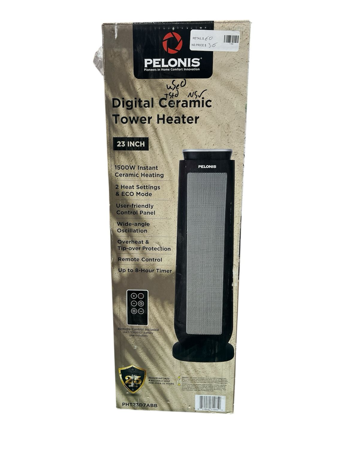 Pelonis 1500-Watt 23 in. Digital Tower Indoor Ceramic Heater Quiet Operation w/ Safety Overheat Protection and Fan Mode in Black PHT23D7ABB Used