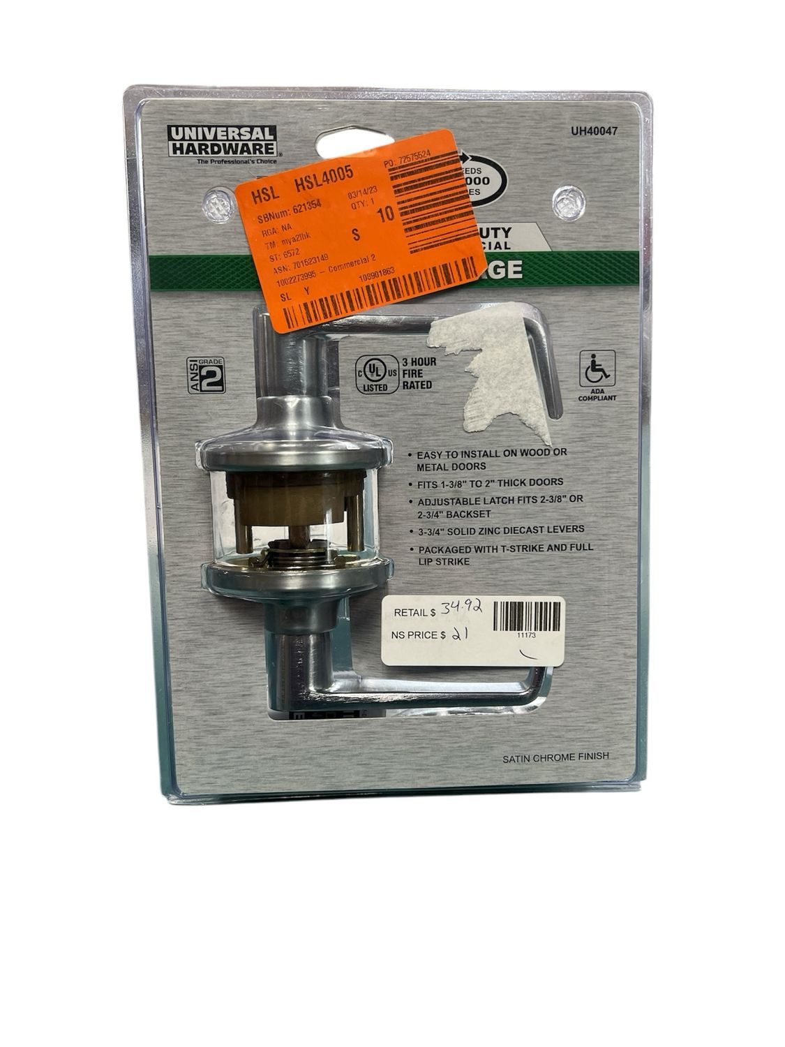 Universal Hardware Light Duty Commercial Passage (hall/closet) Lever ADA UL 3-Hour Fire ANSI Grade 2, Satin Chrome Finish UH40047