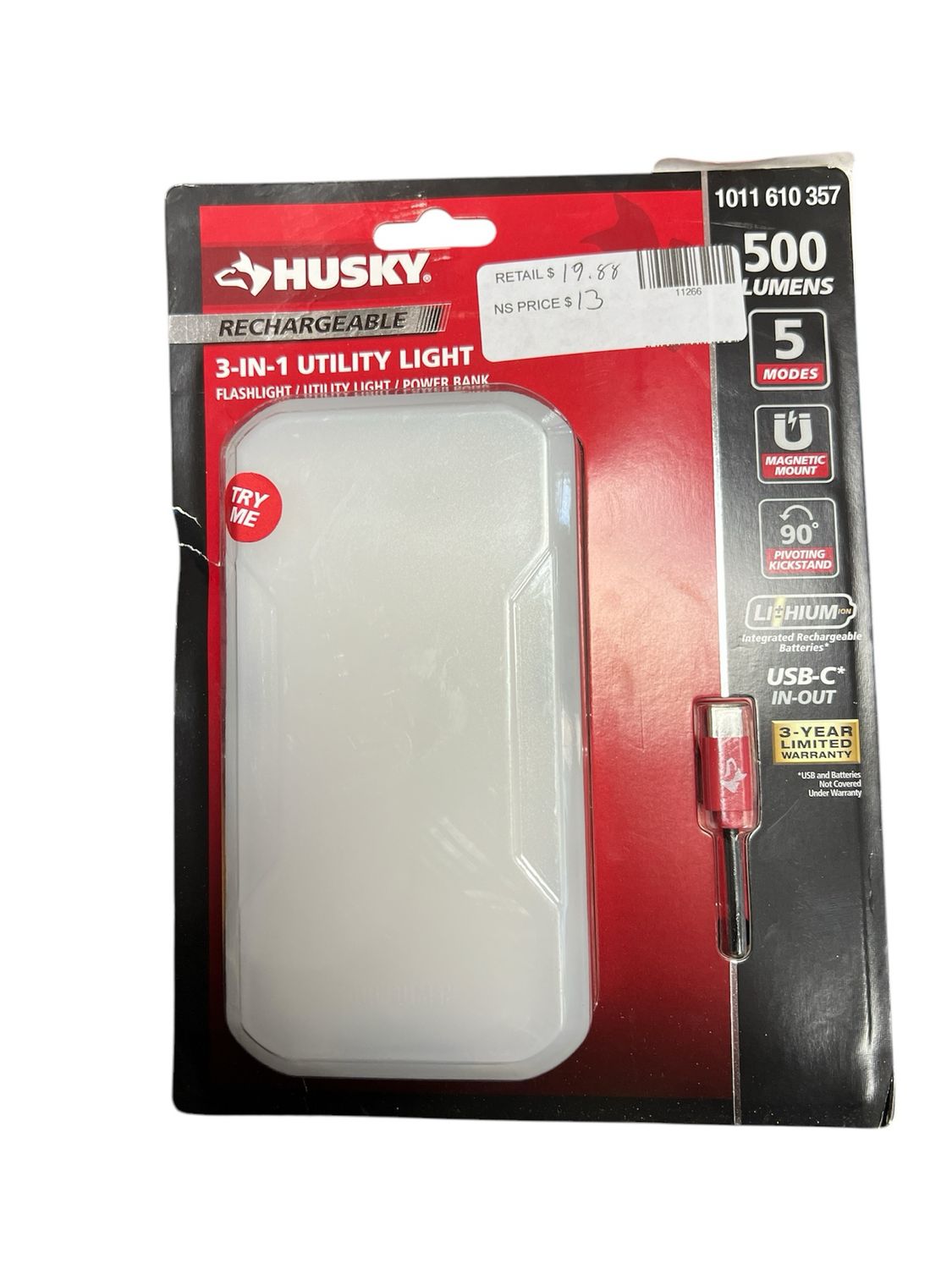 Husky 500 Lumens 3-in-1 Rechargeable Utility Light with 10000 mAh Power Bank 91400 New