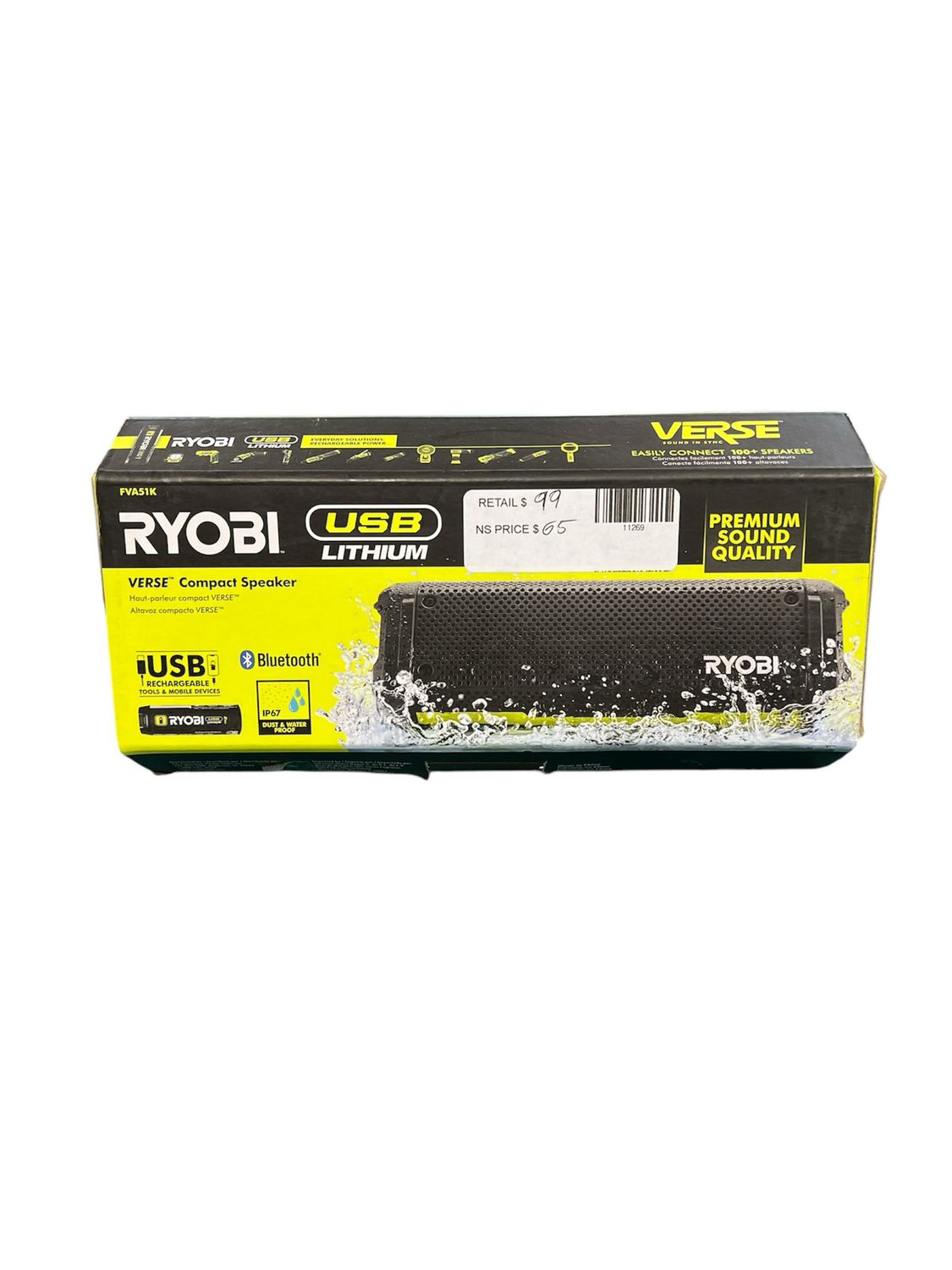 RYOBI USB Lithium Cordless Bluetooth Charging Speaker Kit with 2.0 Ah Battery and Charging Cable FVA51K New