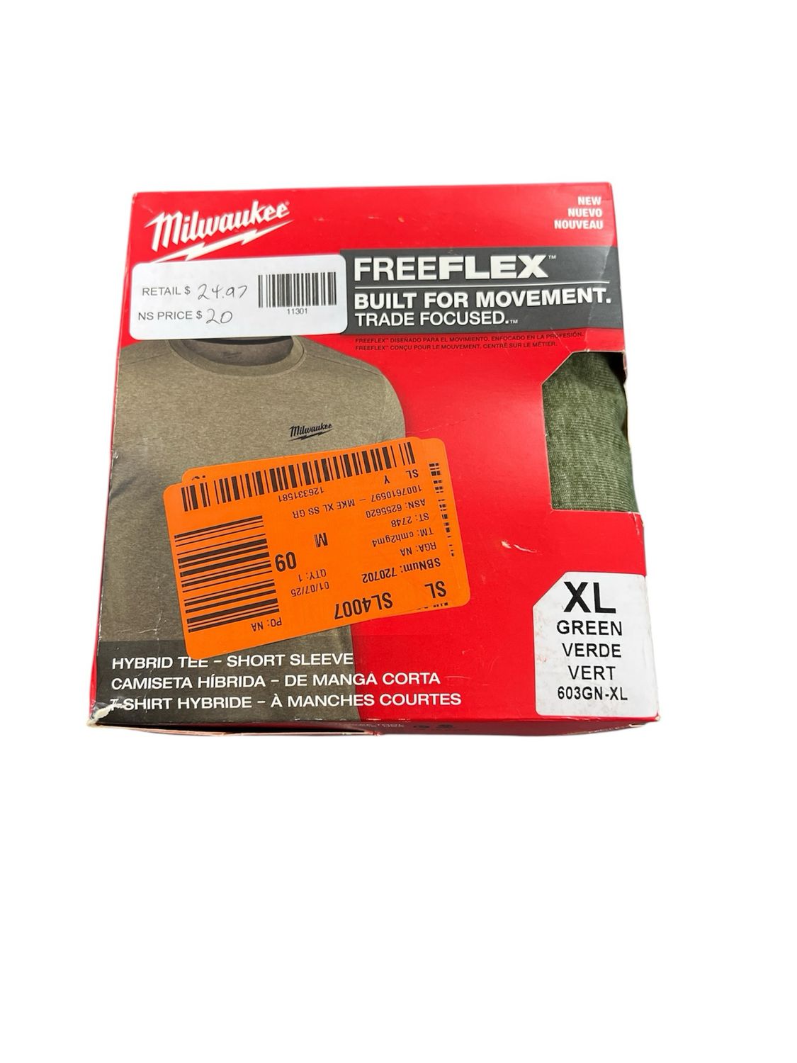 Milwaukee Men&#39;s X-Large Green Cotton/Polyester Short-Sleeve Hybrid Work T-Shirt 603GN-XL New