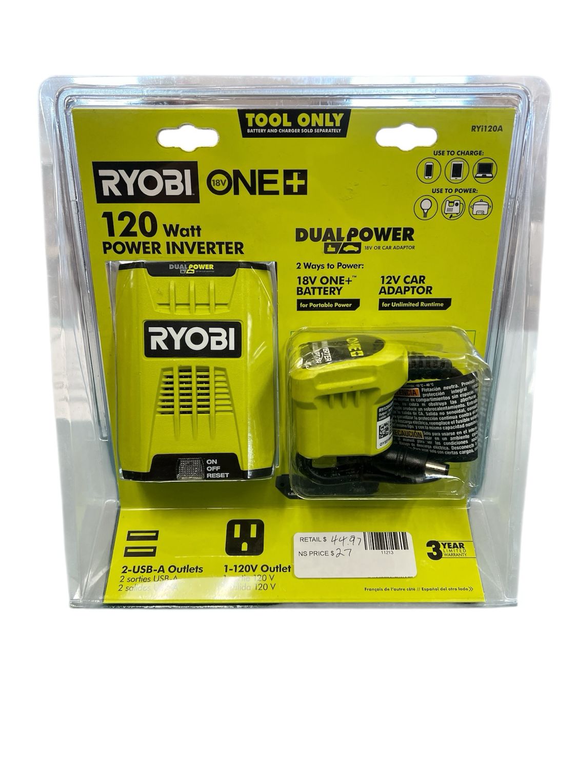 RYOBI ONE+ 18V 120-Watt 12V Automotive Power Inverter with Dual USB Ports RYi120A New