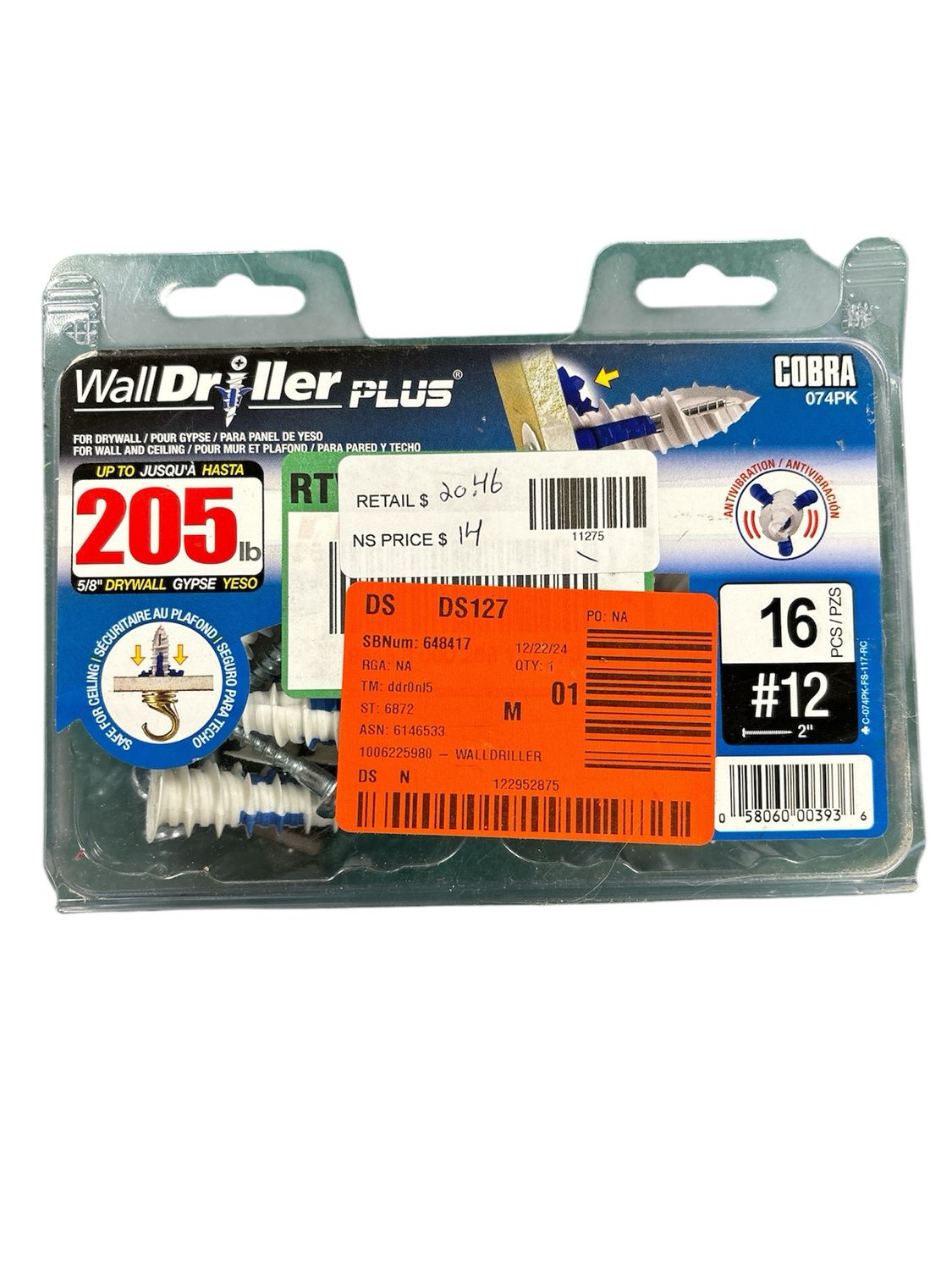 Walldriller Anchor #12 Hollow Wall Self Drilling Anchor with Screw 074PK