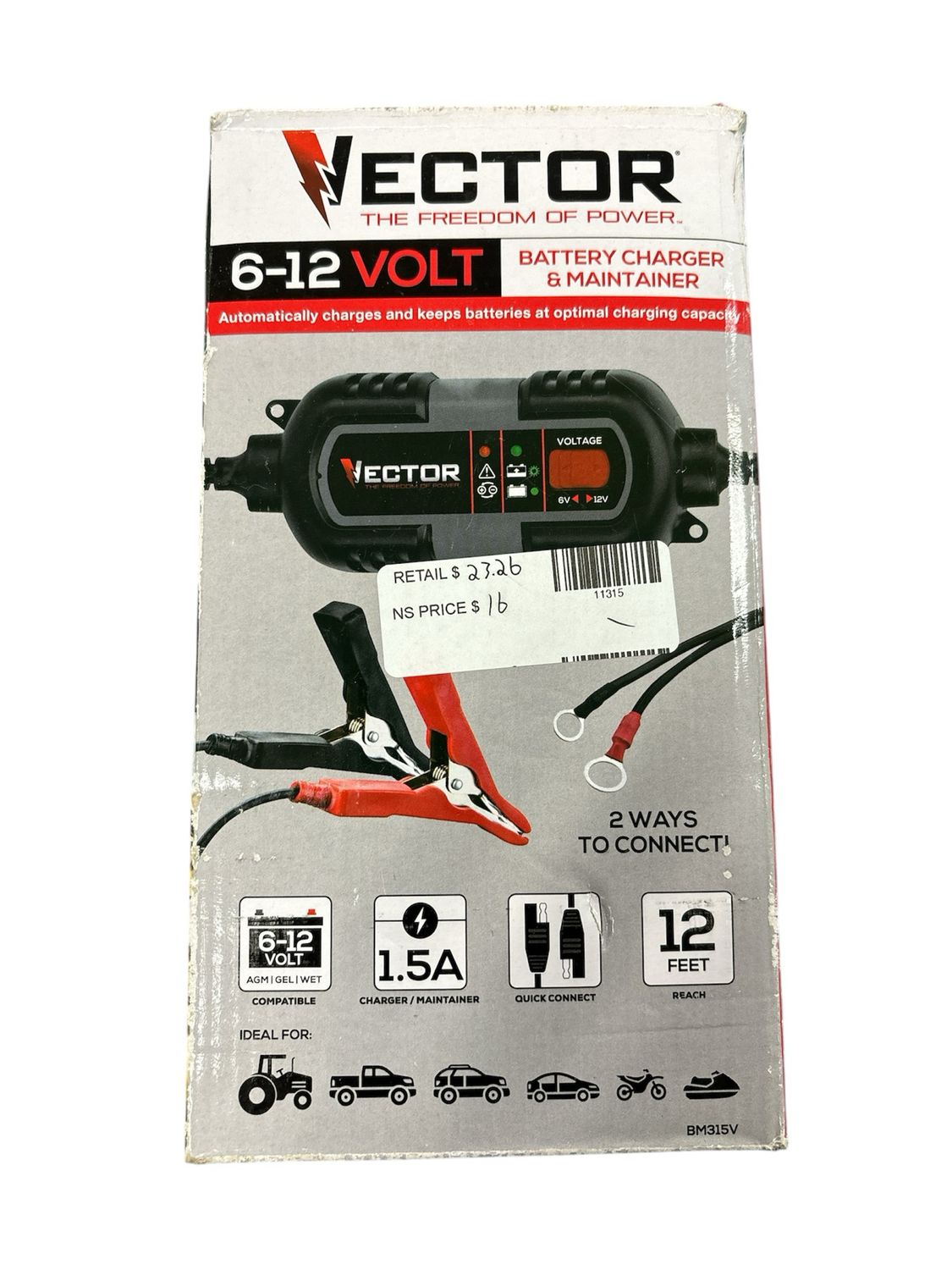 VECTOR 1.5 Amp Battery Charger, Battery Maintainer, Trickle Charger, 6V and 12V, Fully Automatic BM315V