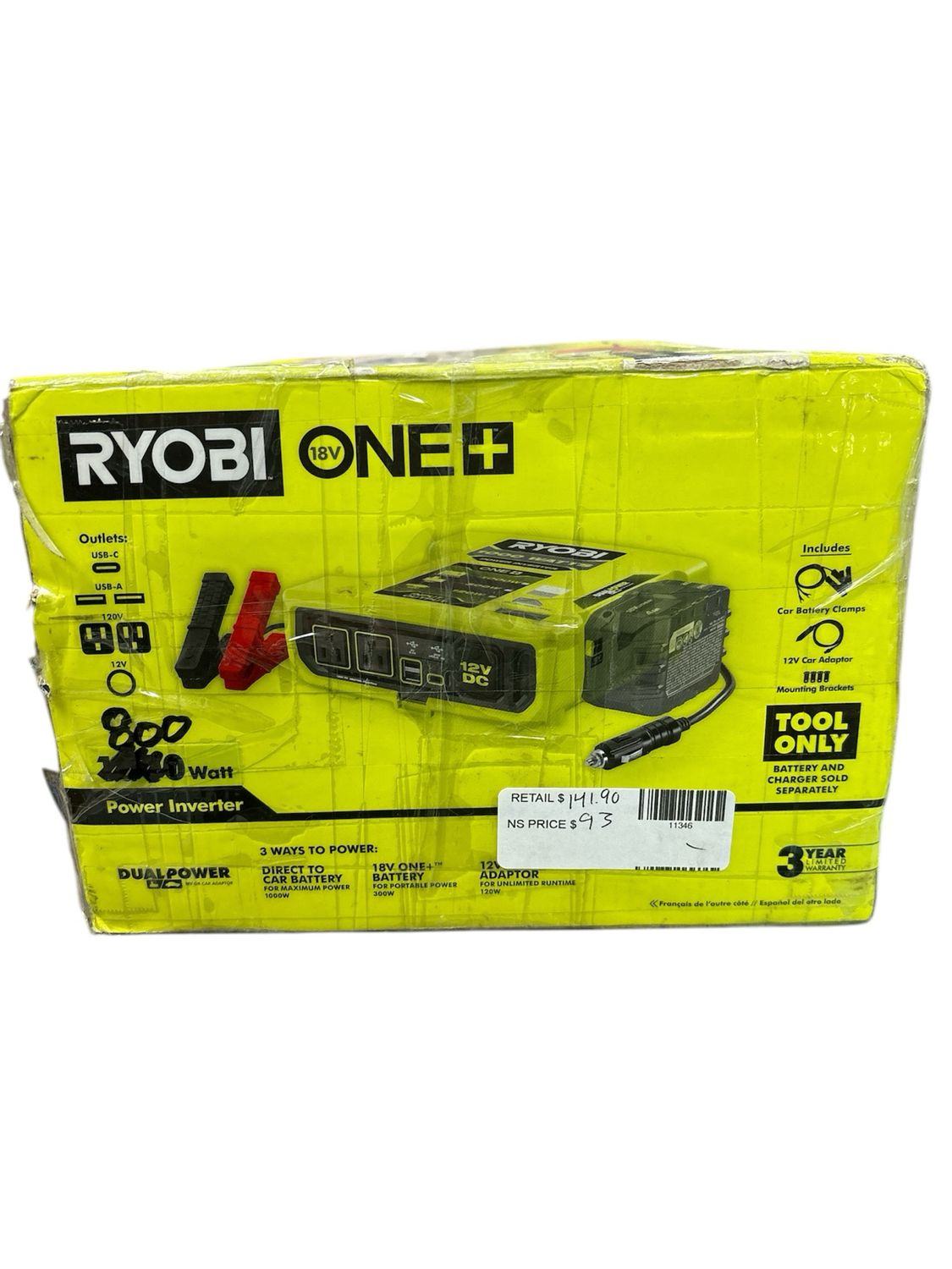 RYOBI ONE+ 18V 800-Watt Max 12V Automotive Power Inverter with Dual USB Ports RYi8030A