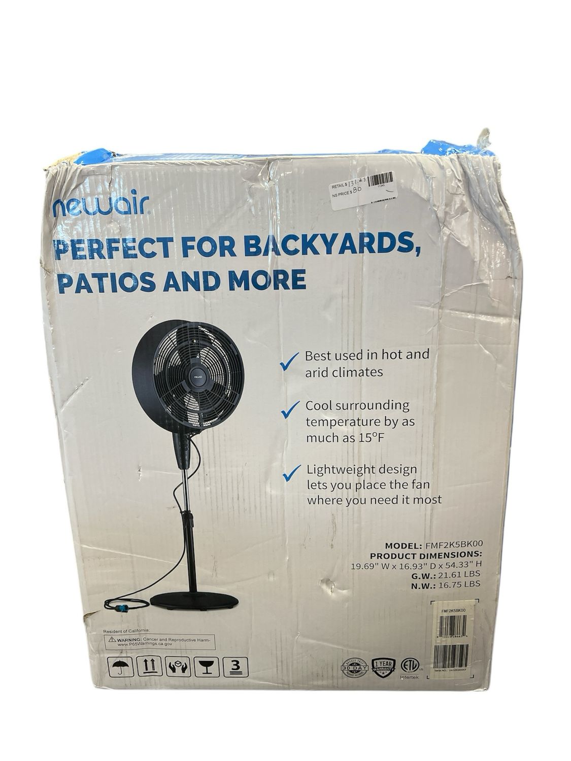 NewAir 18 in. 3-Speed Wide-Angle Oscillating Outdoor Personal Fan Misting and Pedestal for Cool Down 500 sq. ft. - Black FMF2K5BK00