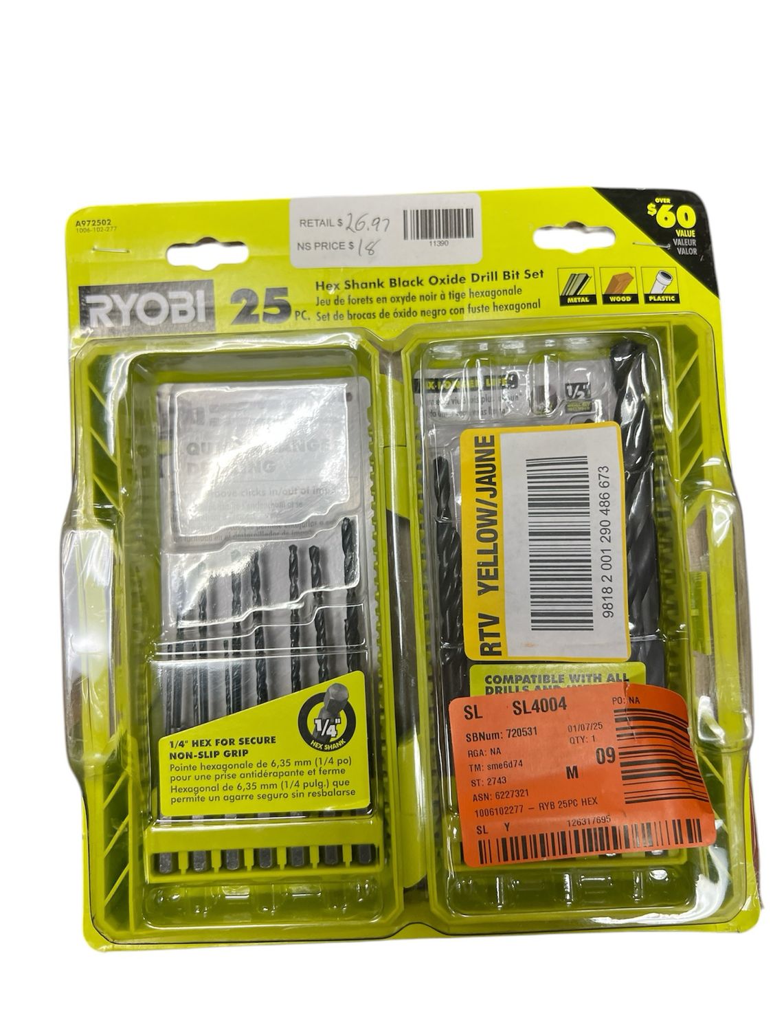 RYOBI Black Oxide Hex Shank Twist Drill Bit Set (25-Piece) A972502 New