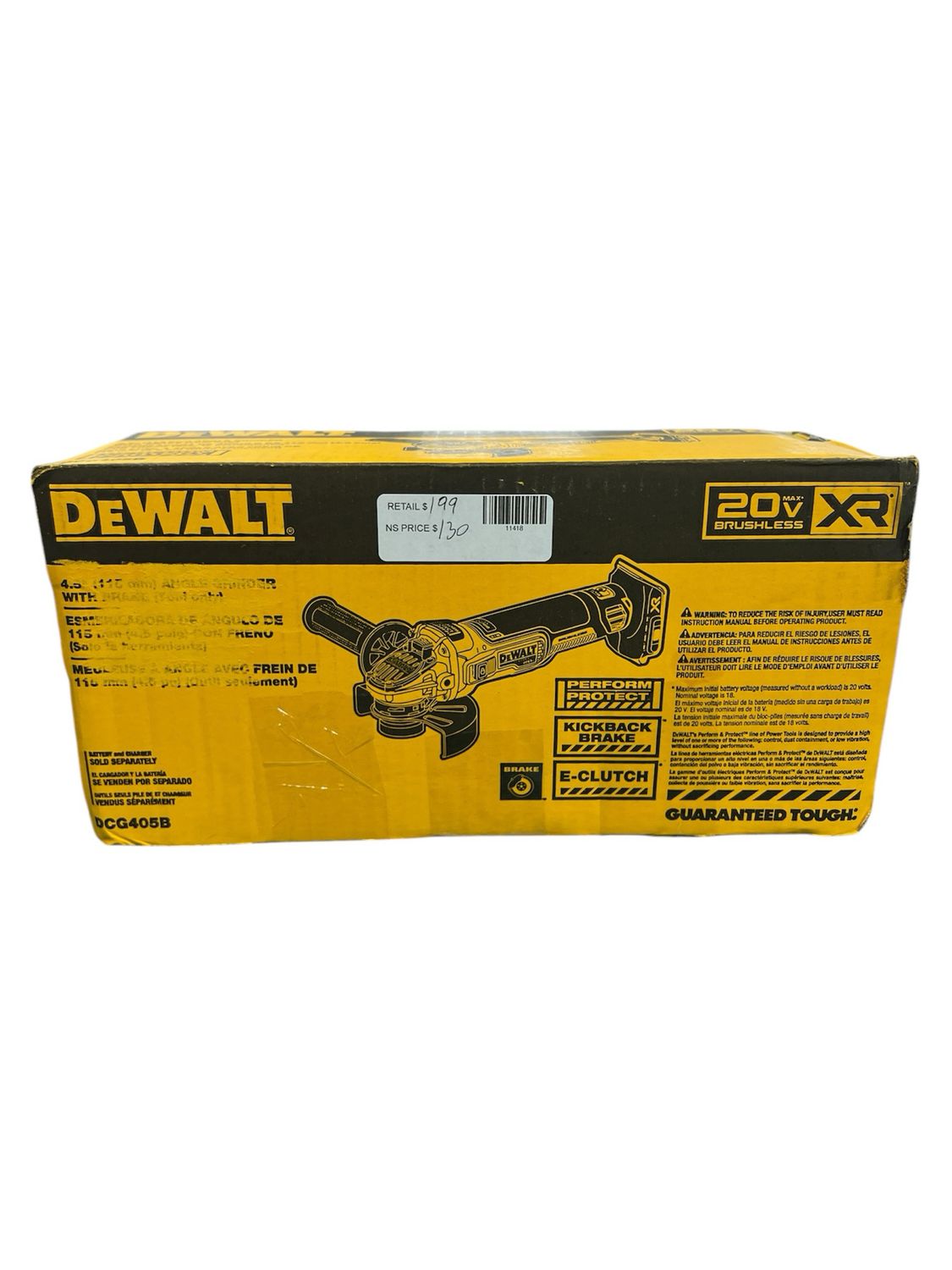 DEWALT 20V MAX XR Cordless Brushless 4.5 in. Slide Switch Small Angle Grinder with Kickback Brake (Tool Only) DCG405B New