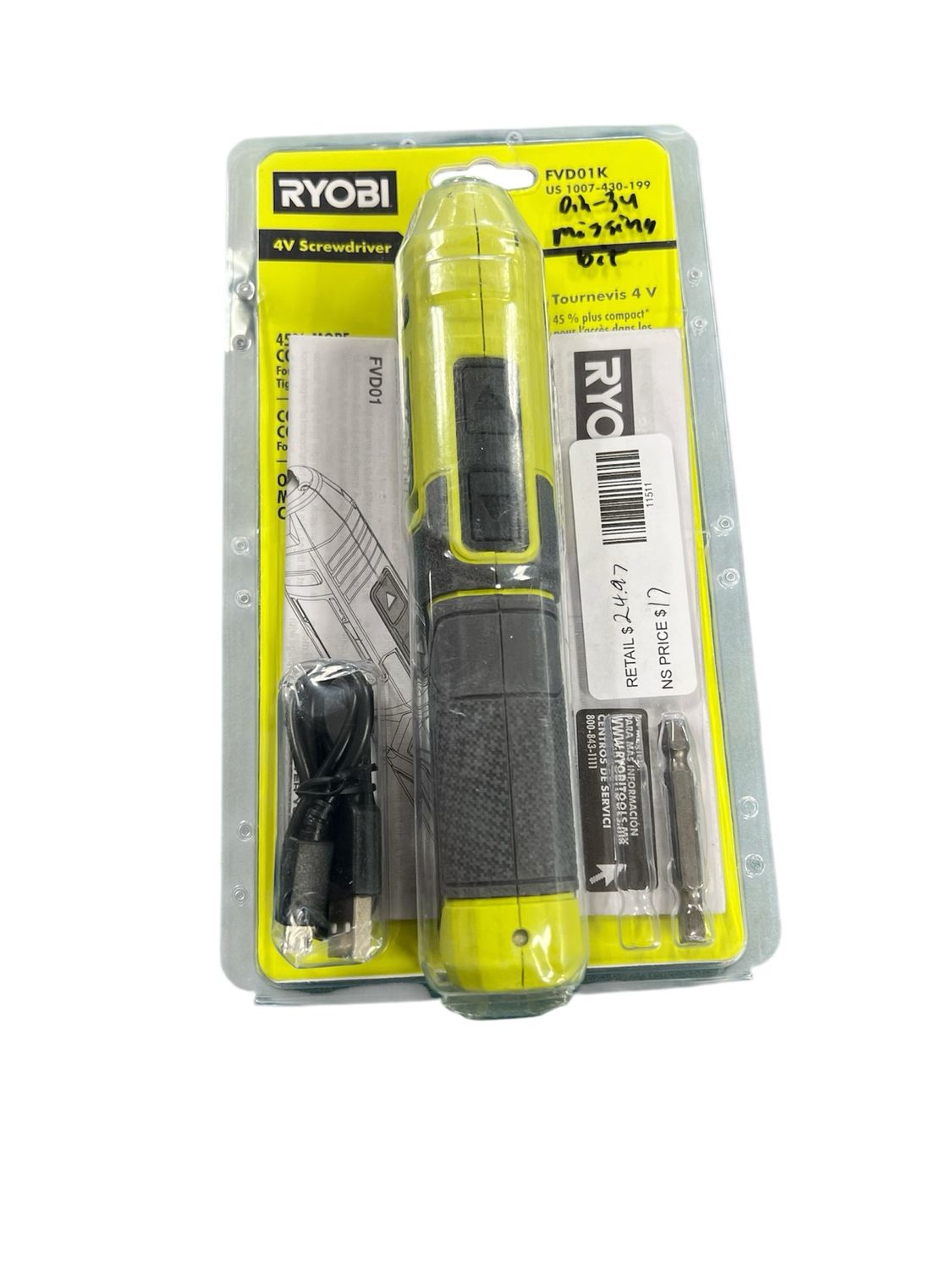 RYOBI 4V Cordless 1/4 in. Screwdriver FVD01K Missing One Bit
