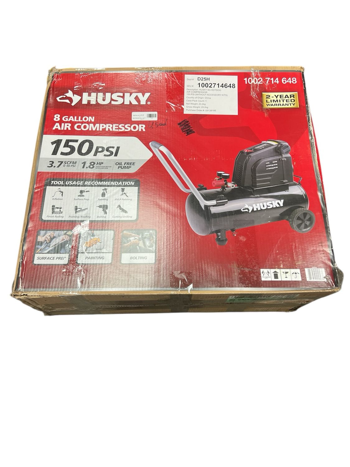 Husky 8 Gallon 150PSI Hotdog Air Compressor 0300816 Used