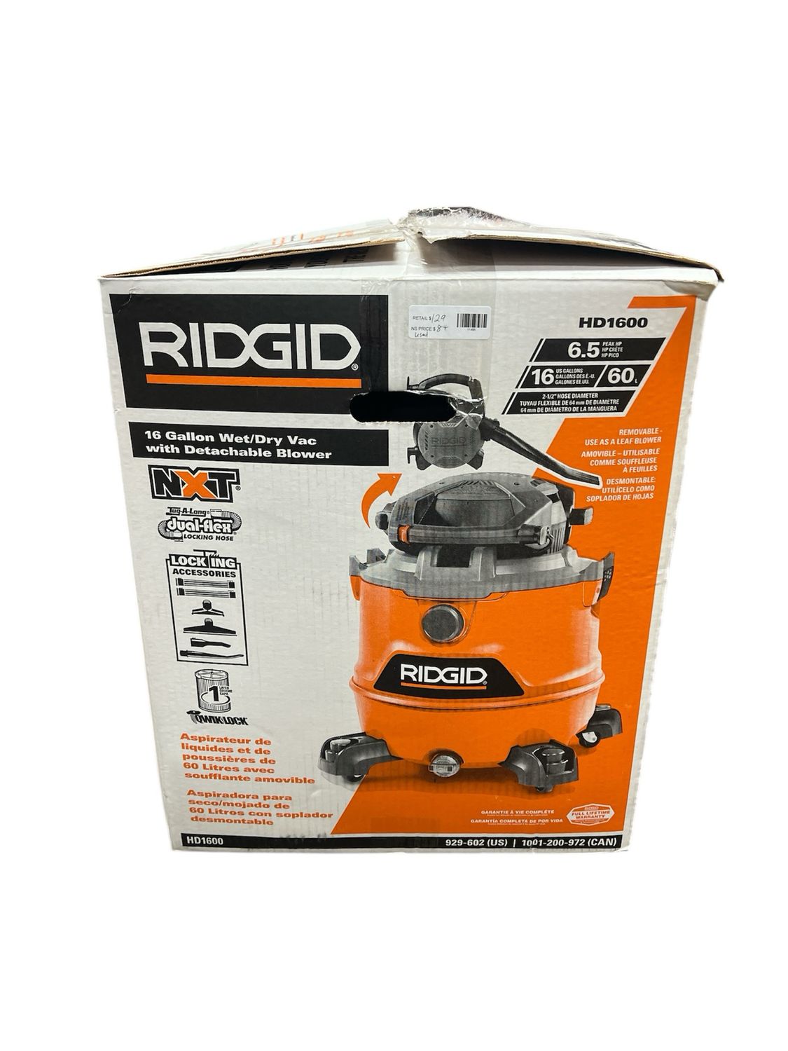 RIDGID 16 Gallon 6.5 Peak HP NXT Shop Vac Wet Dry Vacuum with Detachable Blower, Filter, Locking Hose and Accessories HD1600 Heavy Use