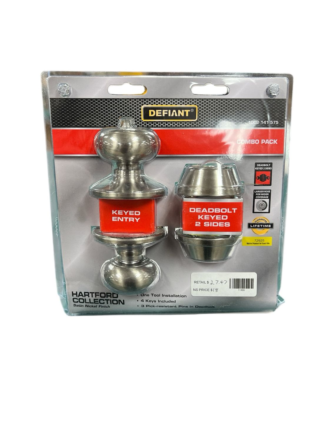 Defiant Hartford Satin Nickel Entry Knob and Double Cylinder Deadbolt Combo Pack BGX2L2B New