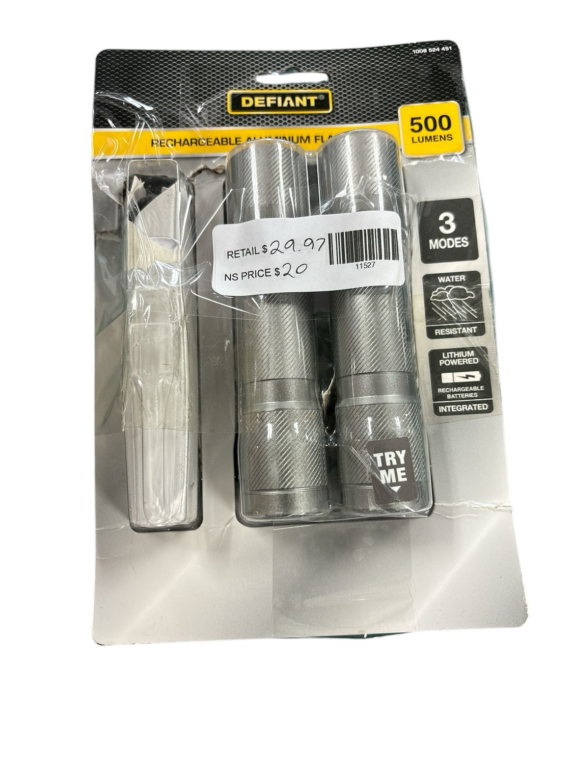 Defiant 500 Lumens LED Rechargeable Aluminum Flashlight (2-Pack) 90712 New
