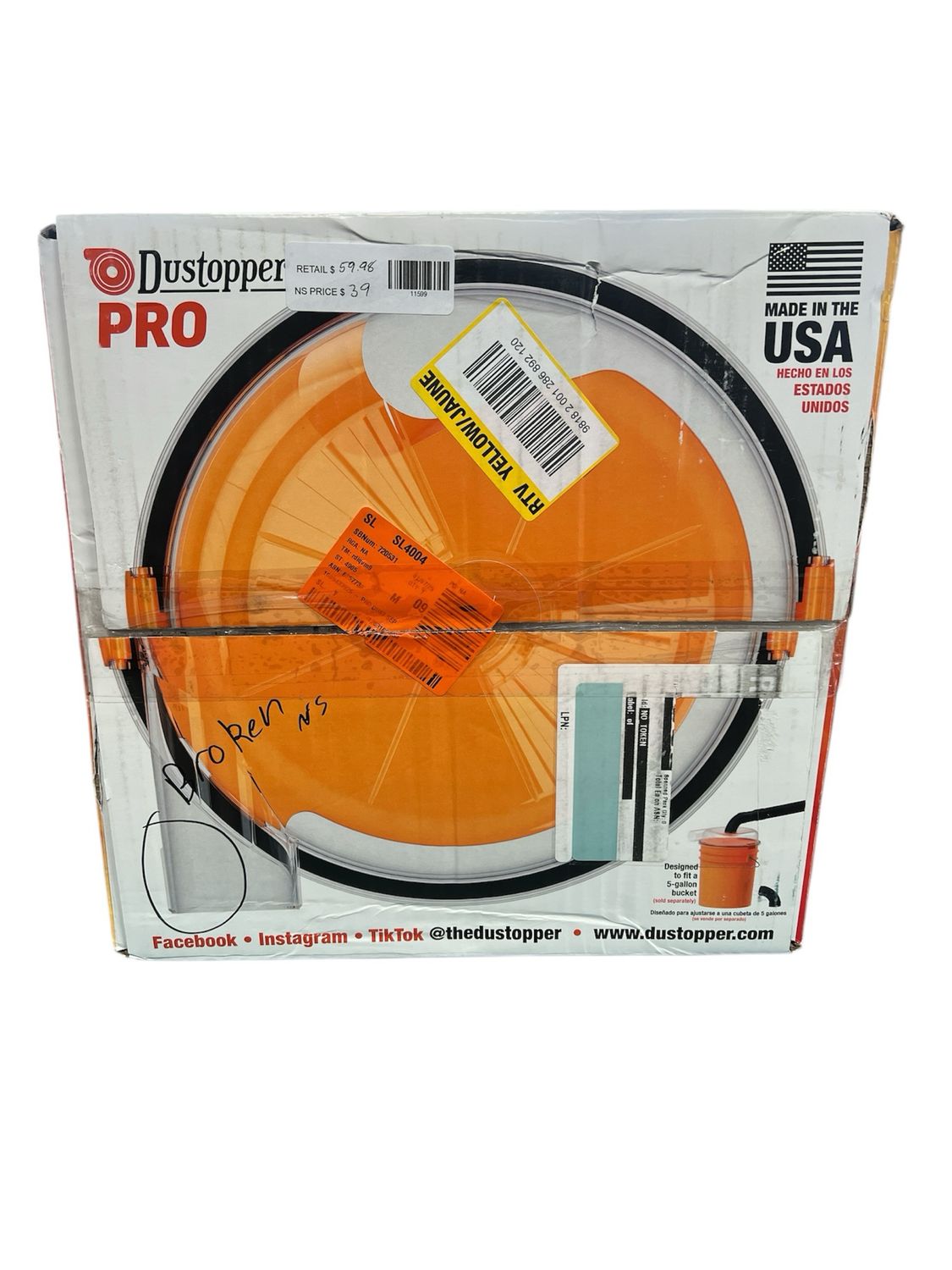 Dustopper PRO High Efficiency Cyclonic Dust Separator, 12 in. Dia with 2.5 in. Hose, 36 in. L with 2 High-Flow Sweep Elbows HD12B New Damaged Intake