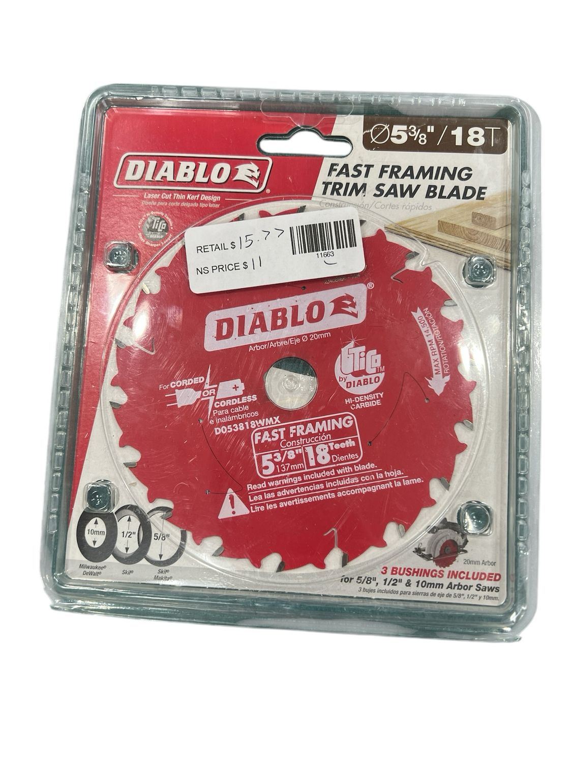 DIABLO 5-3/8in. x 18-Teeth Fast Framing Circular Saw Blade for Wood D053818WMX