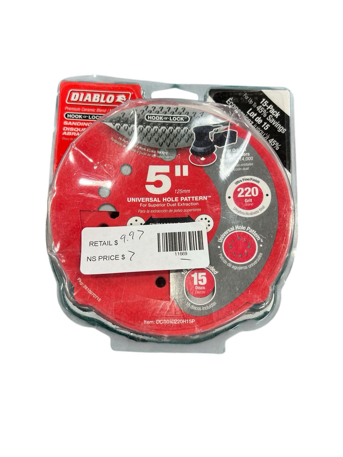 DIABLO 5 in. 220-Grit Universal Hole Random Orbital Sanding Disc with Hook and Lock Backing (15-Pack) DCD050220H15P