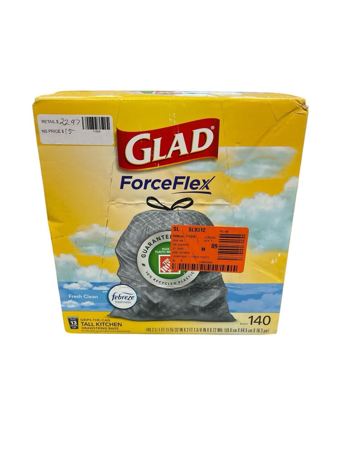 Glad ForceFlex 13 Gal. Tall Kitchen Drawstring Fresh Clean Scent with Febreze Freshness Trash Bags (110-Count) 1258722437 New