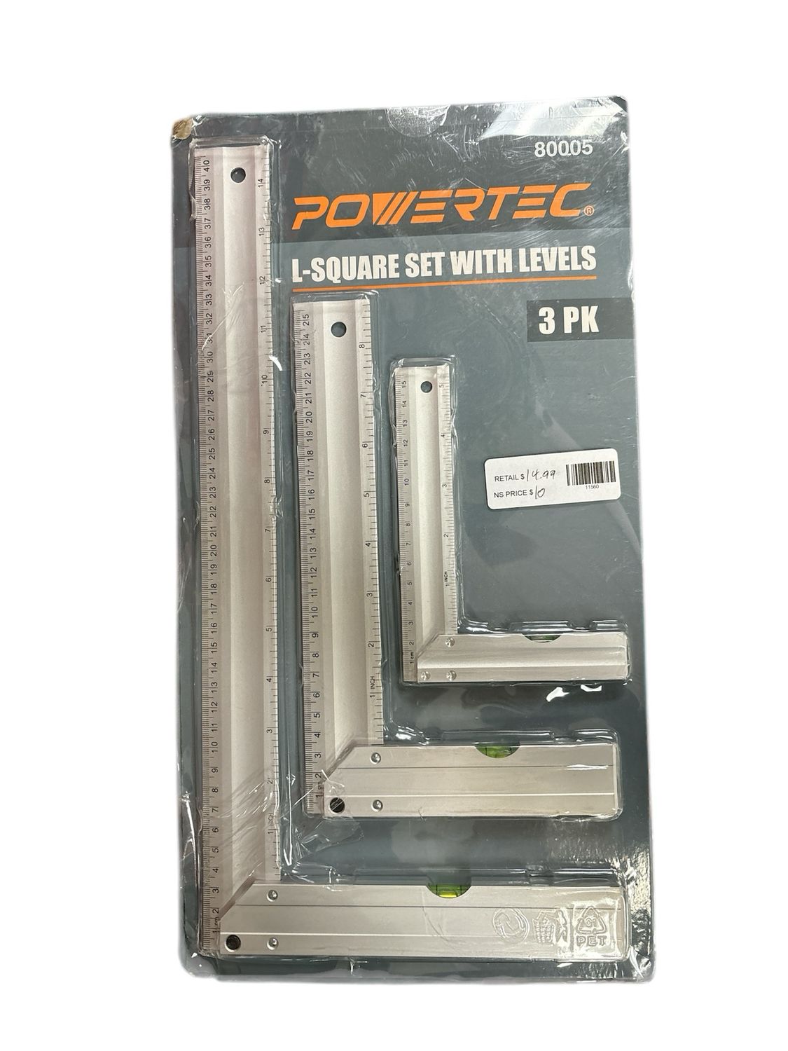 Powertec L-Shaped Square Set with Levels 5 in./ 8 in./ 14 in. L Premium Aluminum Standard and Metric (3-Pack) 80005 New