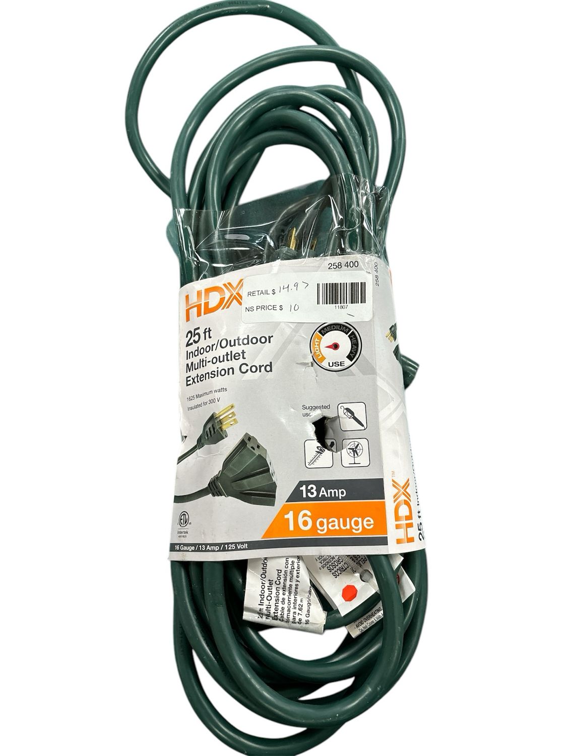 HDX 25 ft. 16/3 Light Duty Indoor/Outdoor Landscape Extension Cord with Multiple Outlet Triple Tap End, Green SJTW16325GNPB