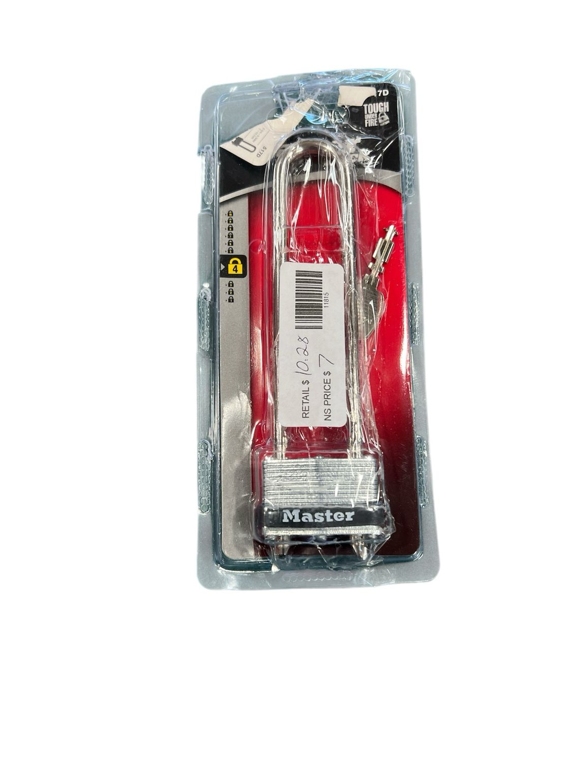 Master Lock Lock with Key, 1-3/4in. Wide, Long Adjustable Shackle 517DHC New